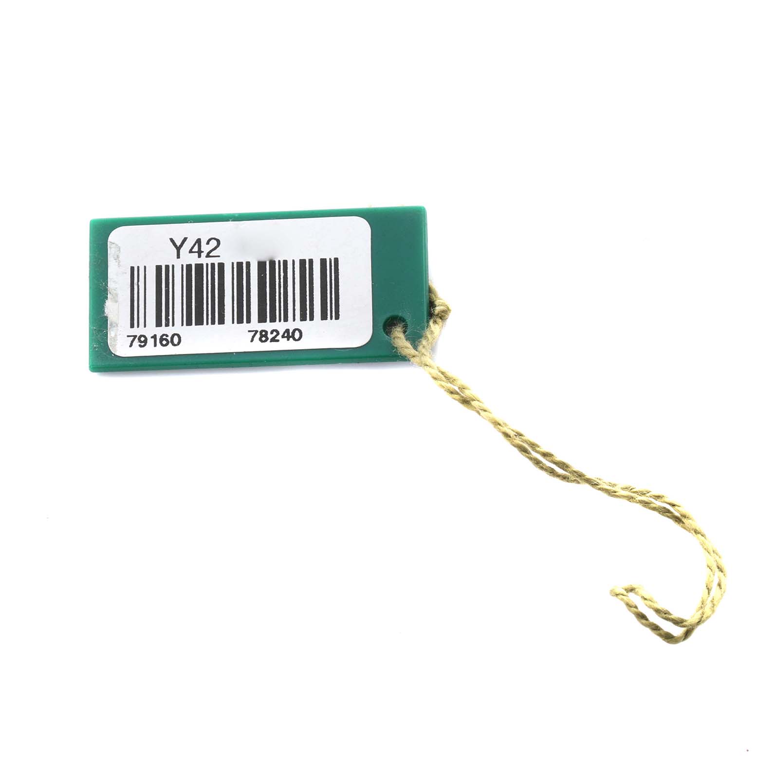 This image shows a Rolex Date 79160 Women's Stainless Steel Pink Dial 79160 Women's Stainless Steel Pink Dial model accessory, specifically a green tag with a barcode and string.