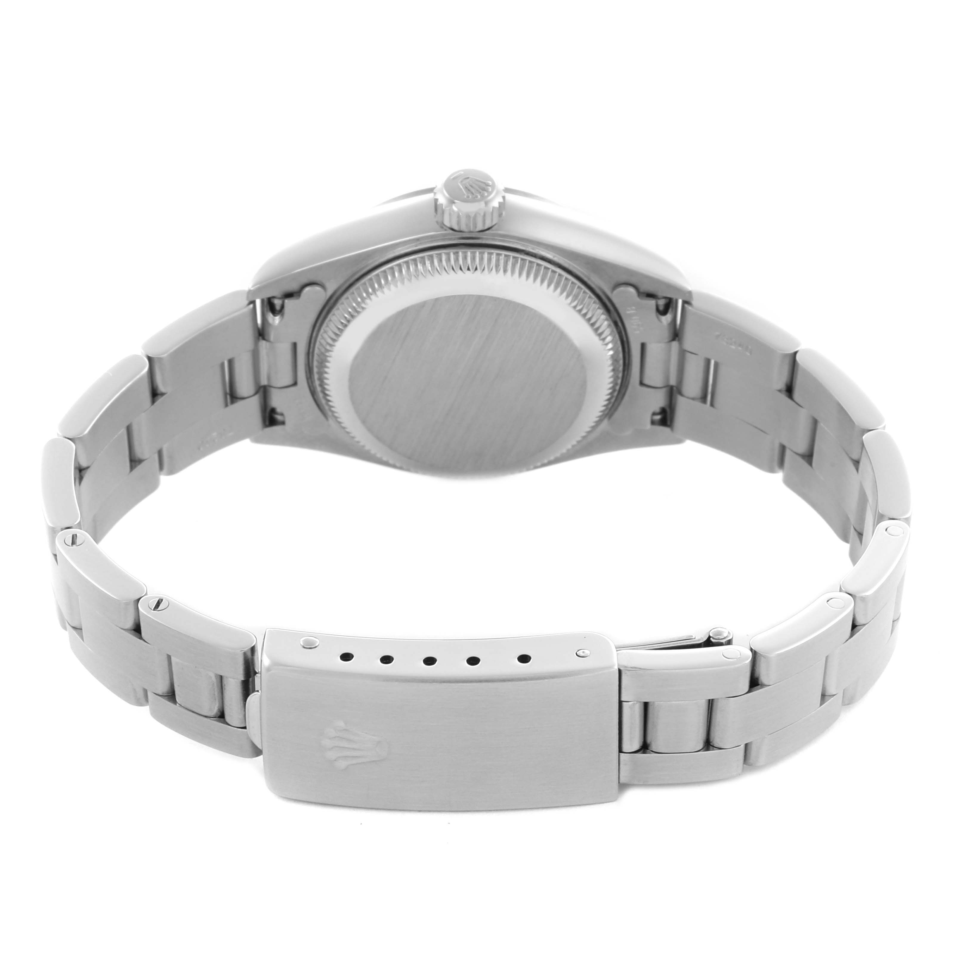 The image shows the back of the Rolex Date 79160 Women's Stainless Steel Pink Dial 79160 Women's Stainless Steel Pink Dial watch, highlighting the case back, bracelet, and clasp.