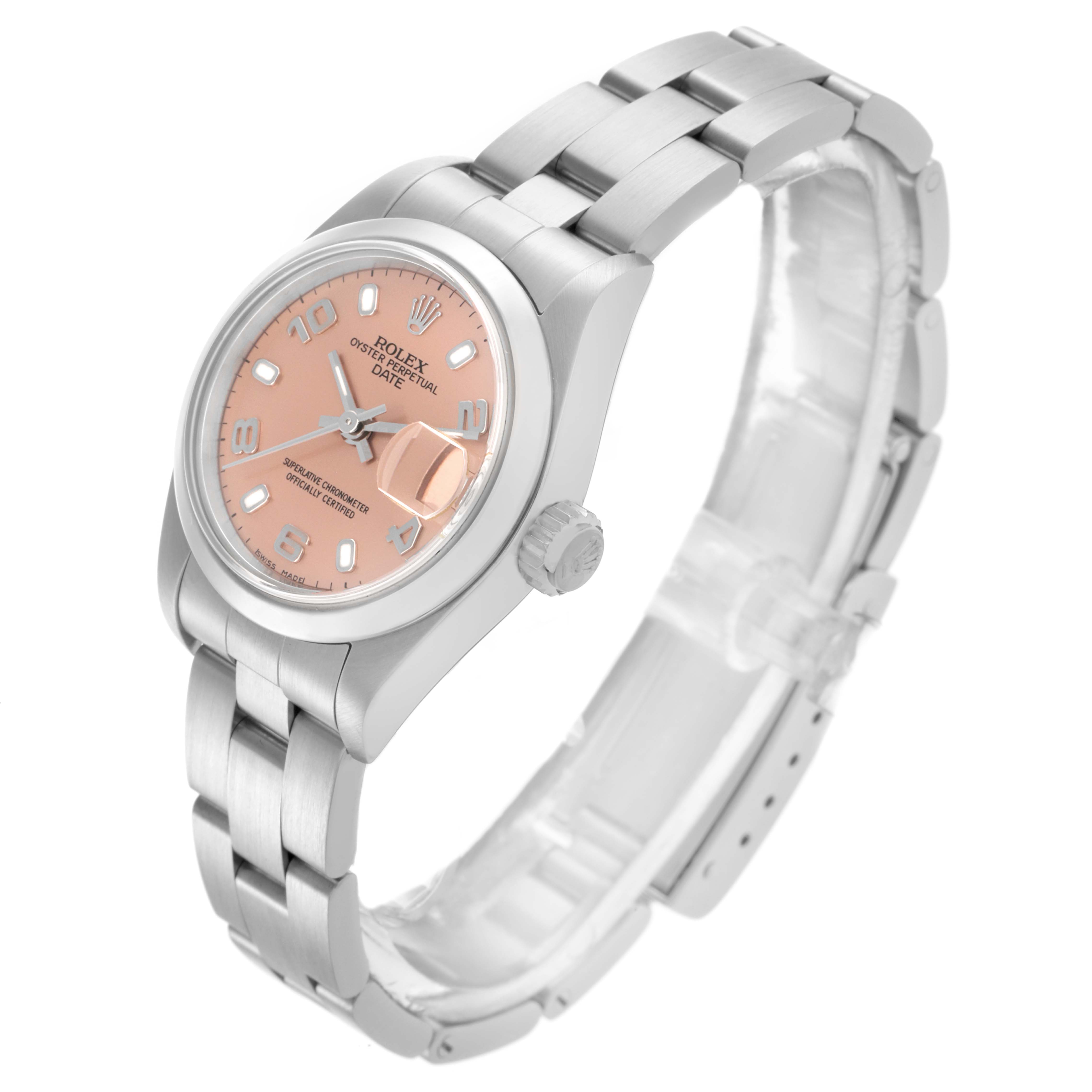 The Rolex Date 79160 Women's Stainless Steel Pink Dial 79160 Women's Stainless Steel Pink Dial model watch is shown at a three-quarter angle, displaying the face, bezel, crown, and part of the bracelet.