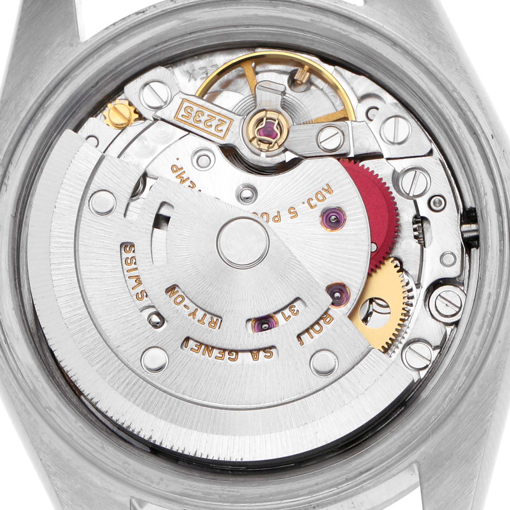 The image shows the movement mechanism of a Rolex Date 79160 Women's Stainless Steel Pink Dial 79160 Women's Stainless Steel Pink Dial model, highlighting gears and the rotor, viewed from the case back angle.