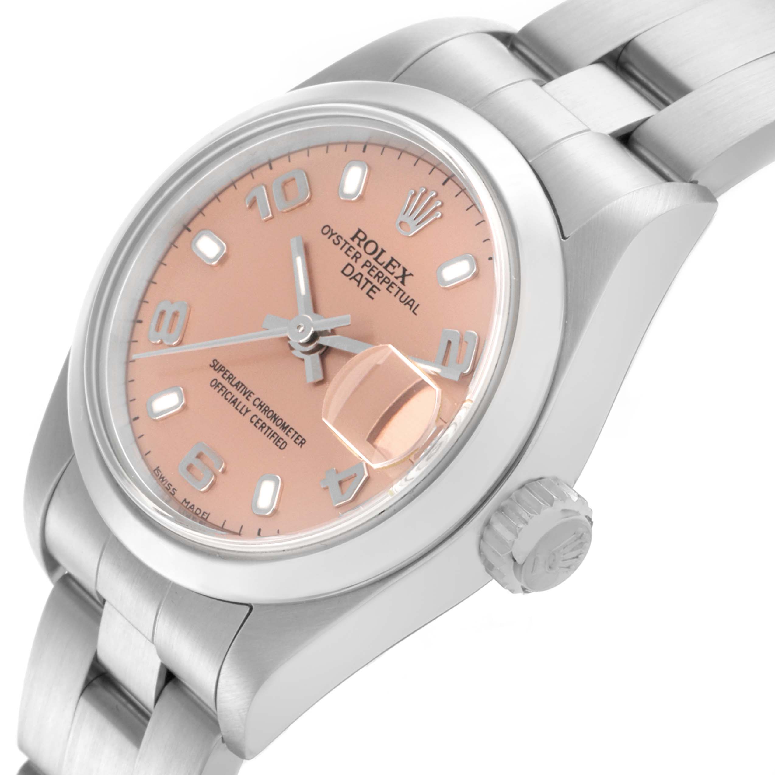 The Rolex Date 79160 Women's Stainless Steel Pink Dial 79160 Women's Stainless Steel Pink Dial watch is shown at a three-quarter angle, highlighting the dial, bezel, crown, and part of the bracelet.