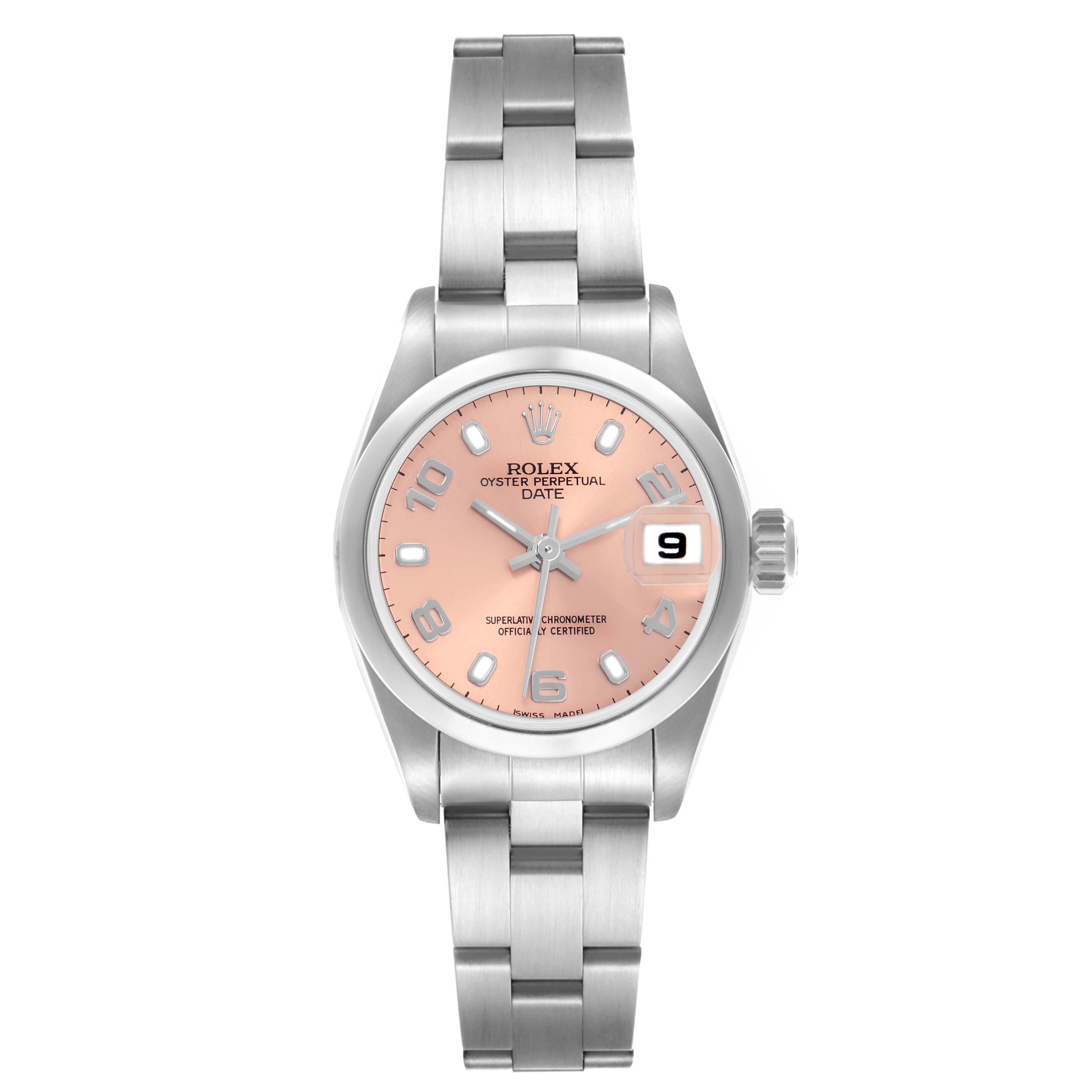 The Rolex Date 79160 Women's Stainless Steel Pink Dial 79160 Women's Stainless Steel Pink Dial watch is shown from a top view, displaying its peach-colored dial, bracelet, and prominent date window.