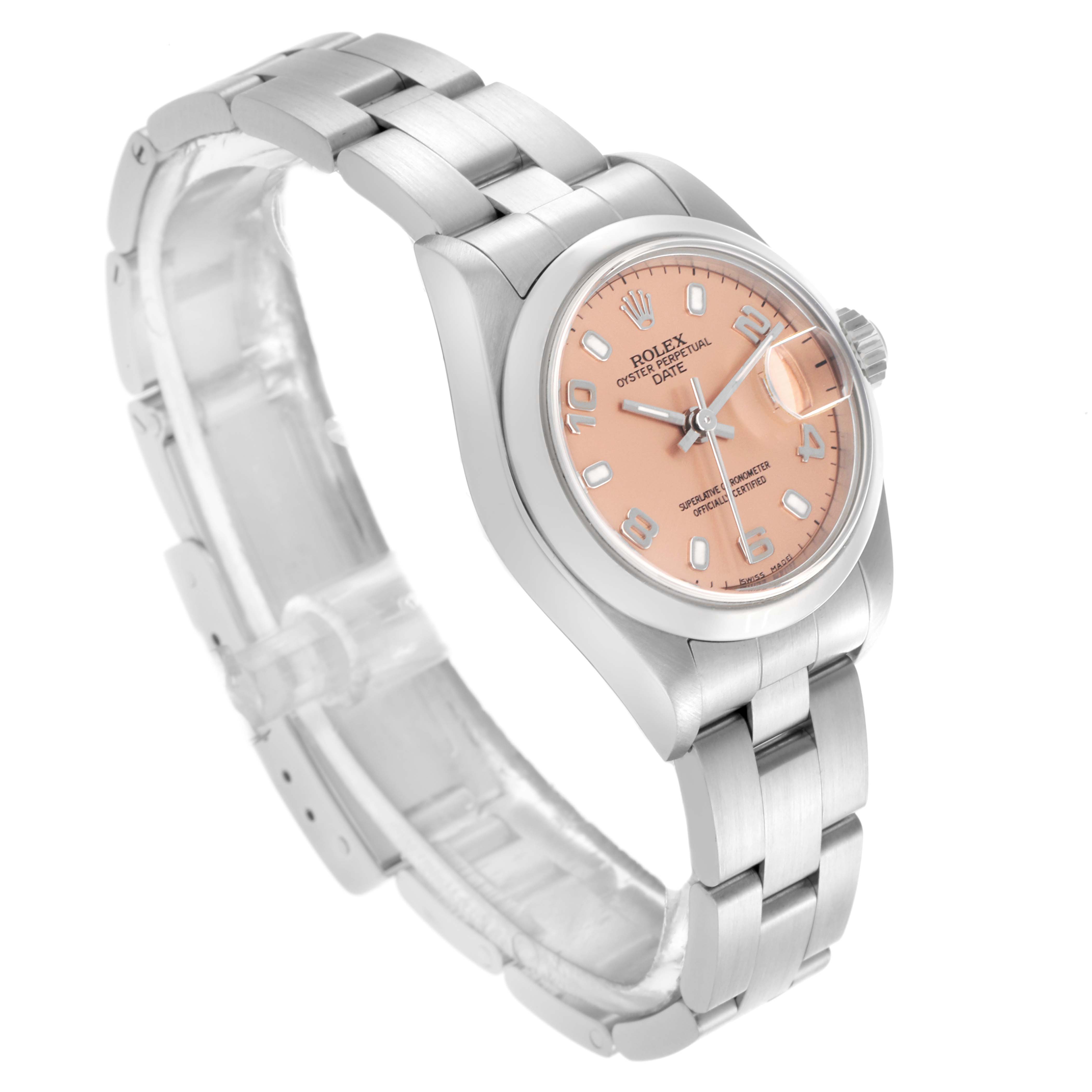 The Rolex Date 79160 Women's Stainless Steel Pink Dial 79160 Women's Stainless Steel Pink Dial model watch is shown at a three-quarter angle, displaying its bracelet, bezel, and dial.