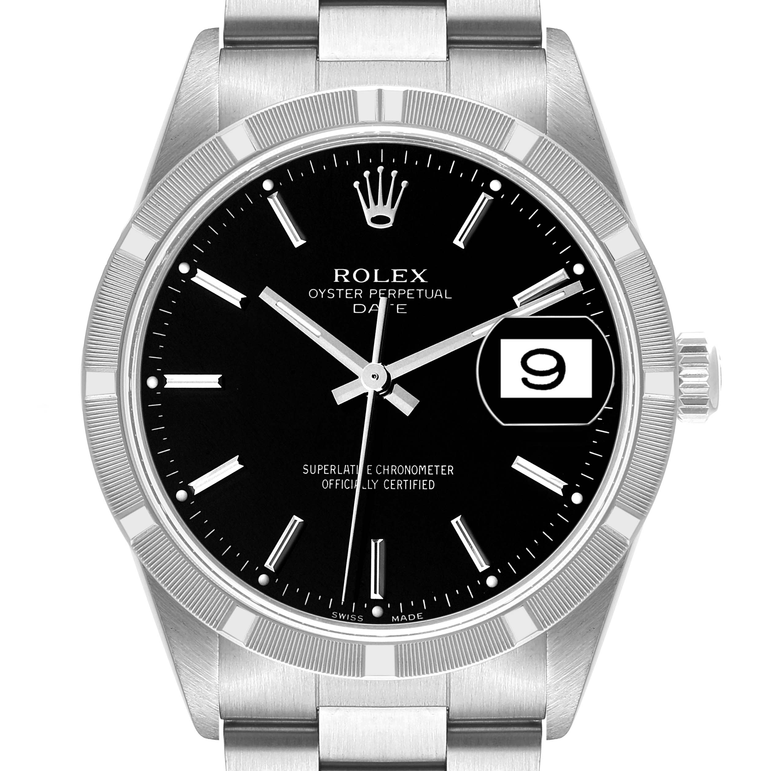 The image shows a front view of a Rolex Date 15210 Men's Stainless Steel Black Dial 15210 Men's Stainless Steel Black Dial model watch, displaying its dial, hands, date window, and bracelet.