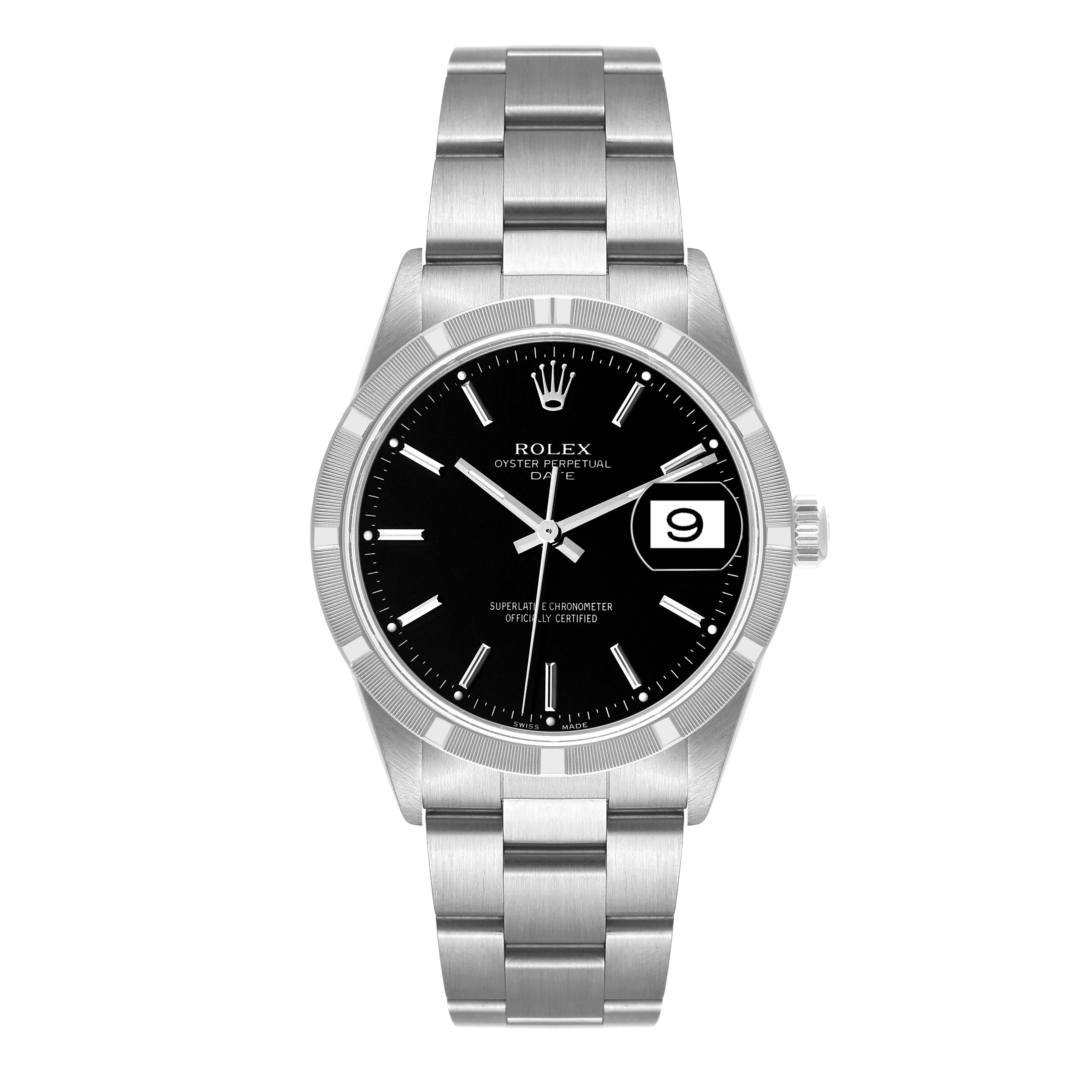 This is a front view of a Rolex Oyster Perpetual Date watch, showcasing its face, bezel, bracelet, and date feature.