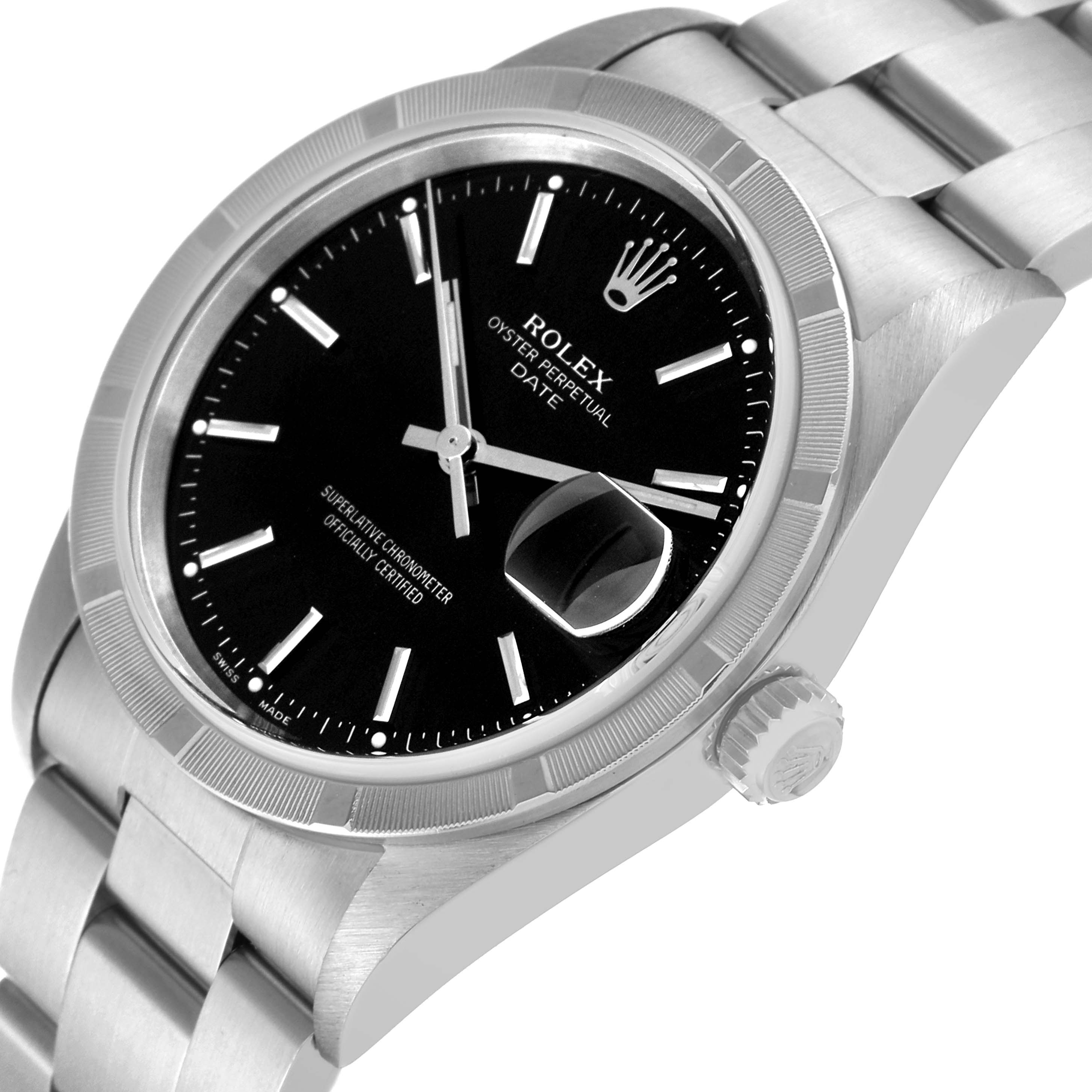The image shows a close-up, angled view of the Rolex Date 15210 Men's Stainless Steel Black Dial 15210 Men's Stainless Steel Black Dial watch, highlighting its face, bezel, bracelet, and crown.