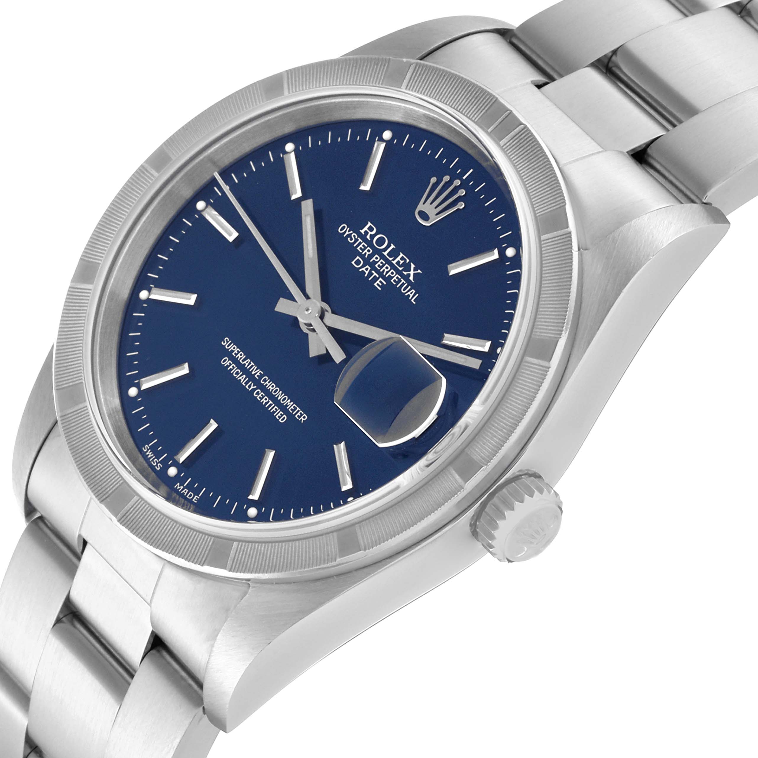 The Rolex Date 15210 Men's Stainless Steel Blue Dial 15210 Men's Stainless Steel Blue Dial model watch is shown at an angled view, highlighting its blue dial, date magnifier, and stainless steel bracelet.