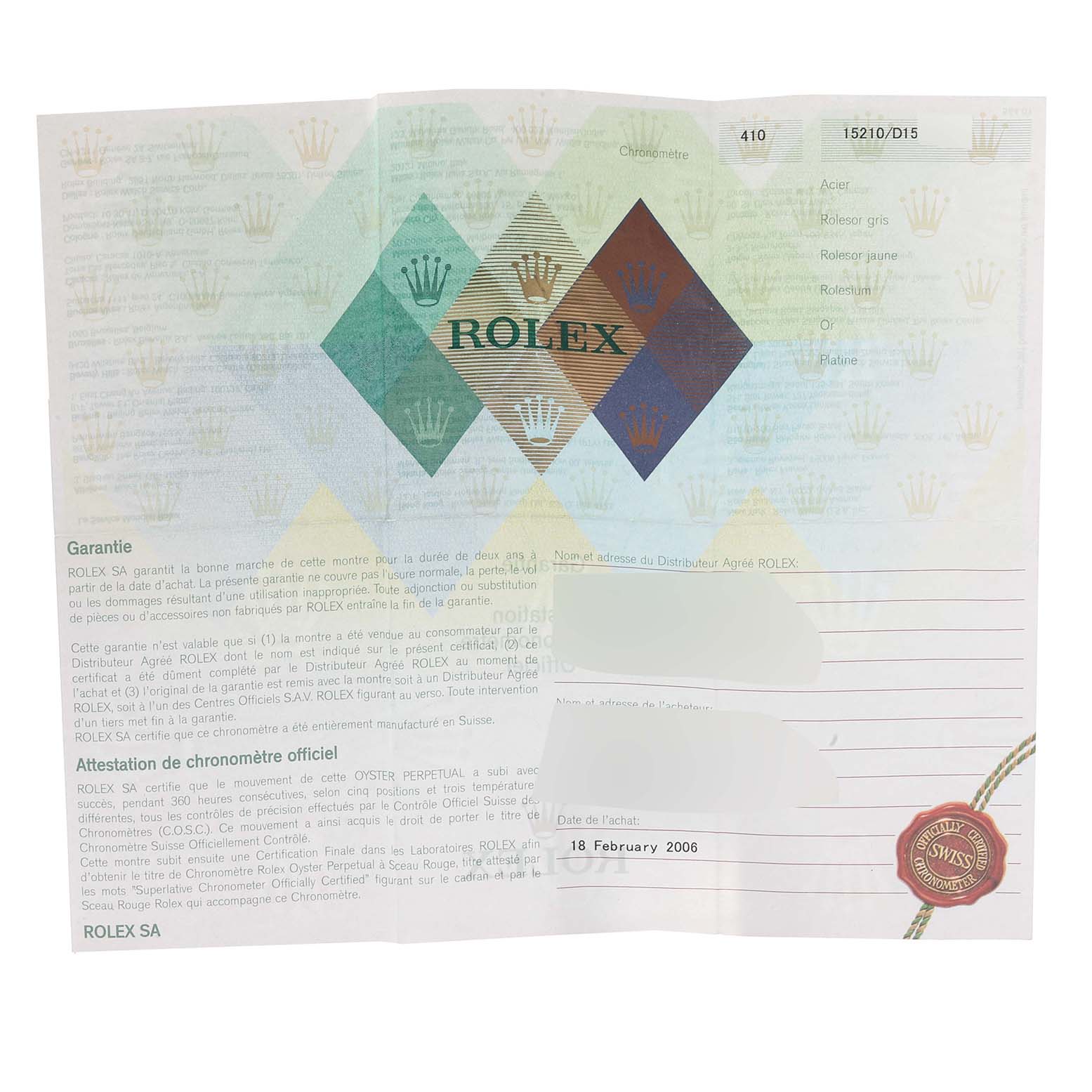 This image shows the warranty certificate for a Date model by Rolex, featuring decorative stamps and detailed text.