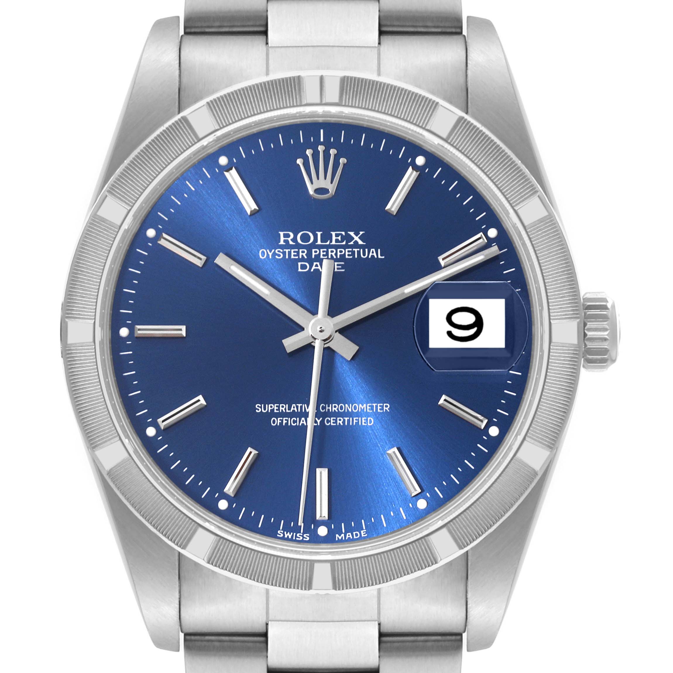 The image shows a front view of a Rolex Date 15210 Men's Stainless Steel Blue Dial 15210 Men's Stainless Steel Blue Dial watch showcasing its dial, bezel, and bracelet with a close-up on the date window.