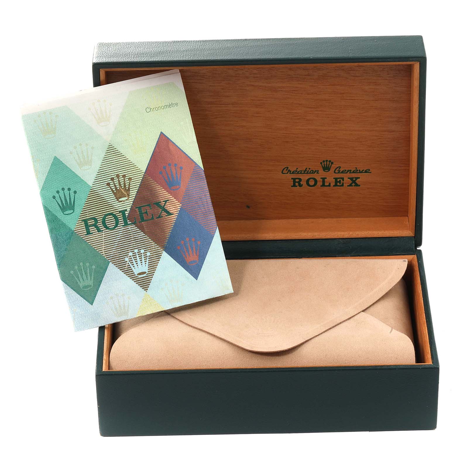 The image shows an open Rolex watch box for the Date model, with a booklet and a suede pouch inside.