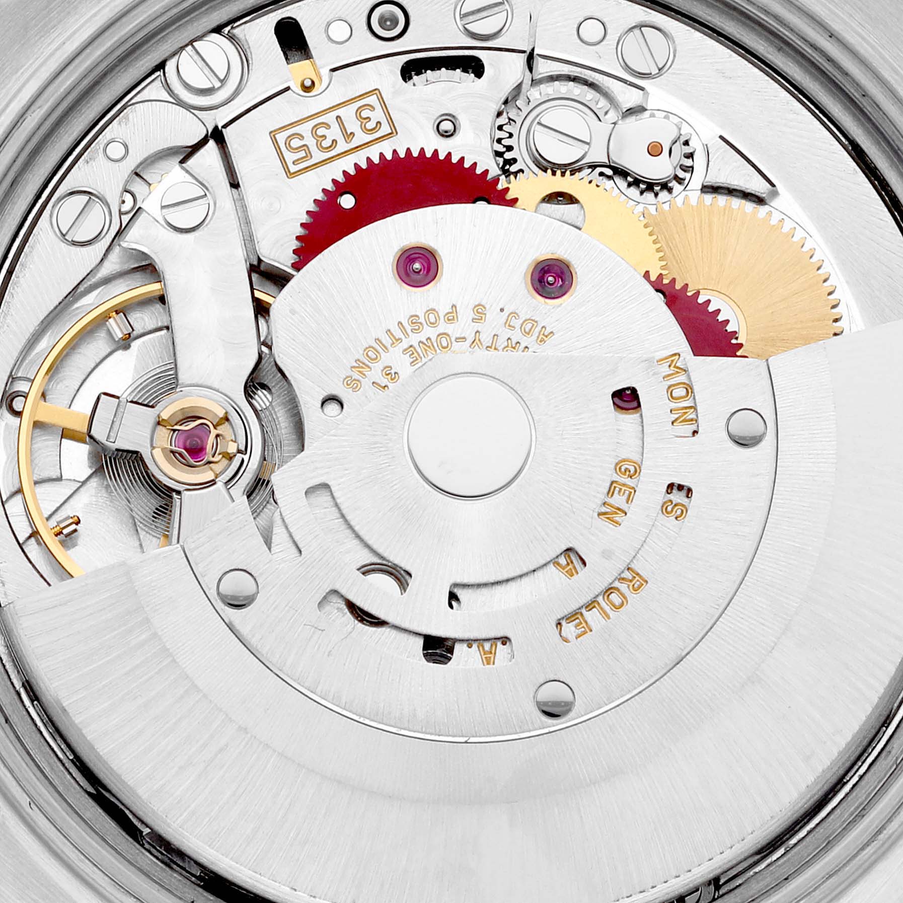 This image shows the intricate inner mechanism of a Rolex Date 15210 Men's Stainless Steel Blue Dial 15210 Men's Stainless Steel Blue Dial model watch, focusing on the movement and gears.