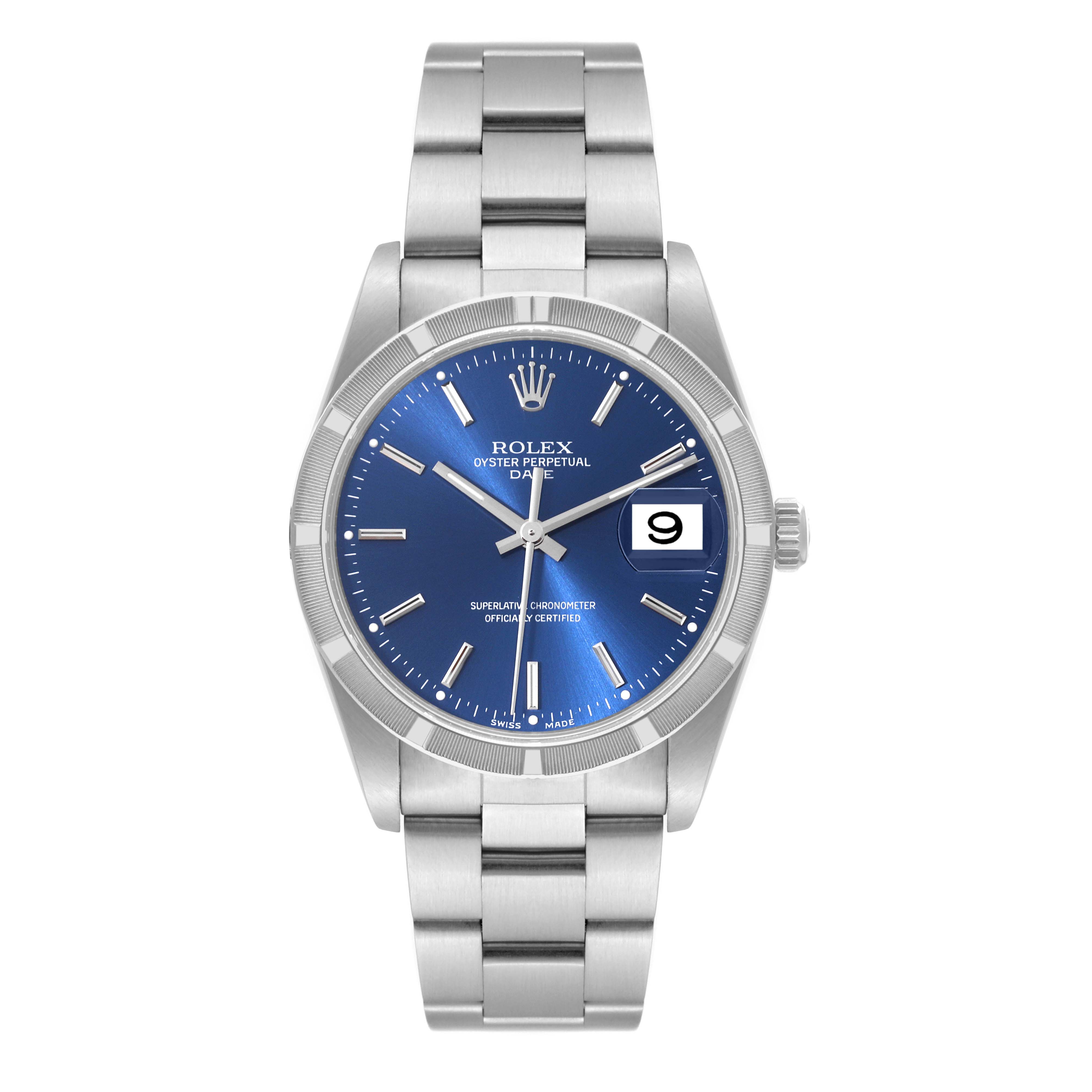 The image shows a front view of a Rolex Date 15210 Men's Stainless Steel Blue Dial 15210 Men's Stainless Steel Blue Dial model watch, displaying its blue dial, date window, and metallic bracelet.