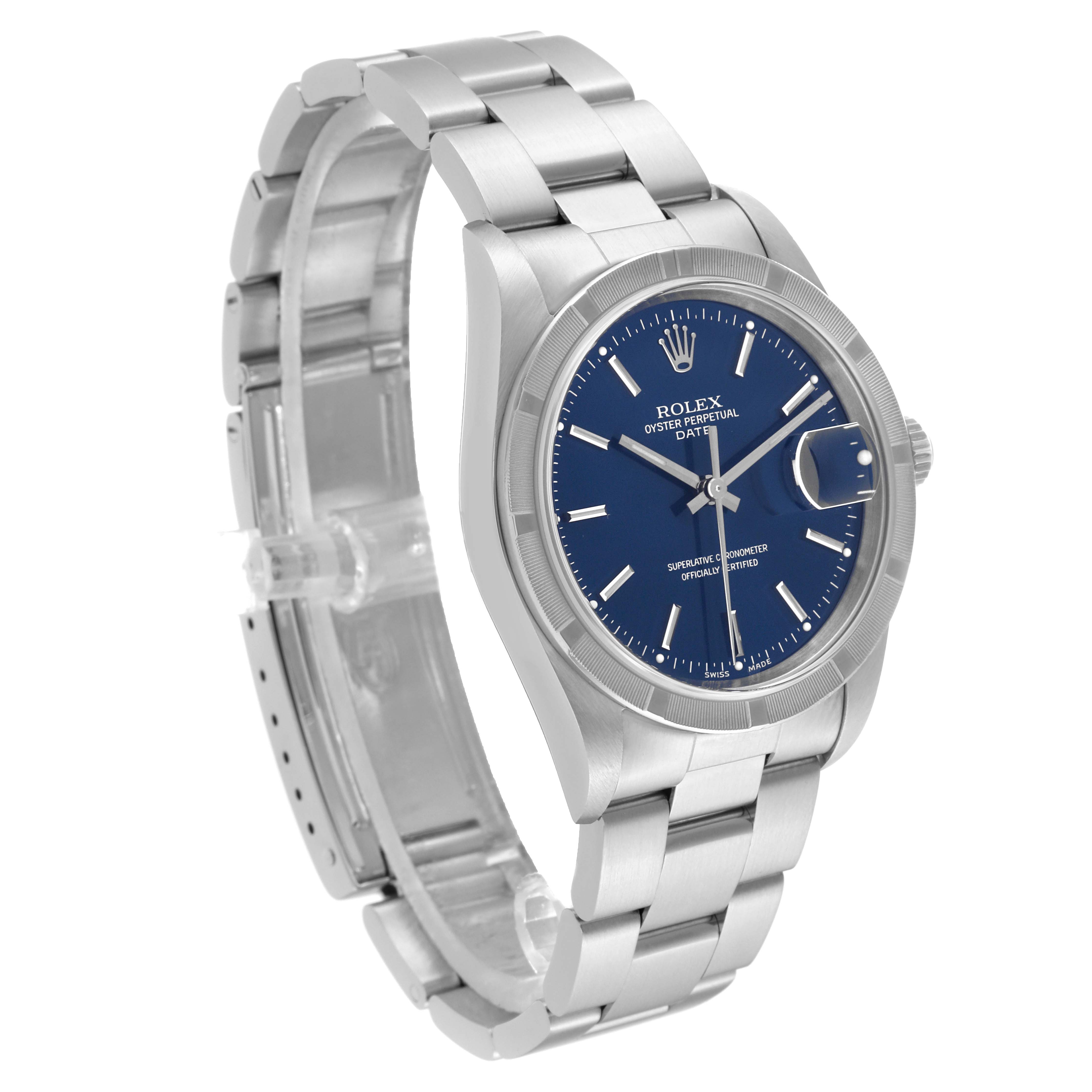 The image shows a side angle of a Rolex Date 15210 Men's Stainless Steel Blue Dial 15210 Men's Stainless Steel Blue Dial model watch, highlighting the blue dial, metal bracelet, and date window.