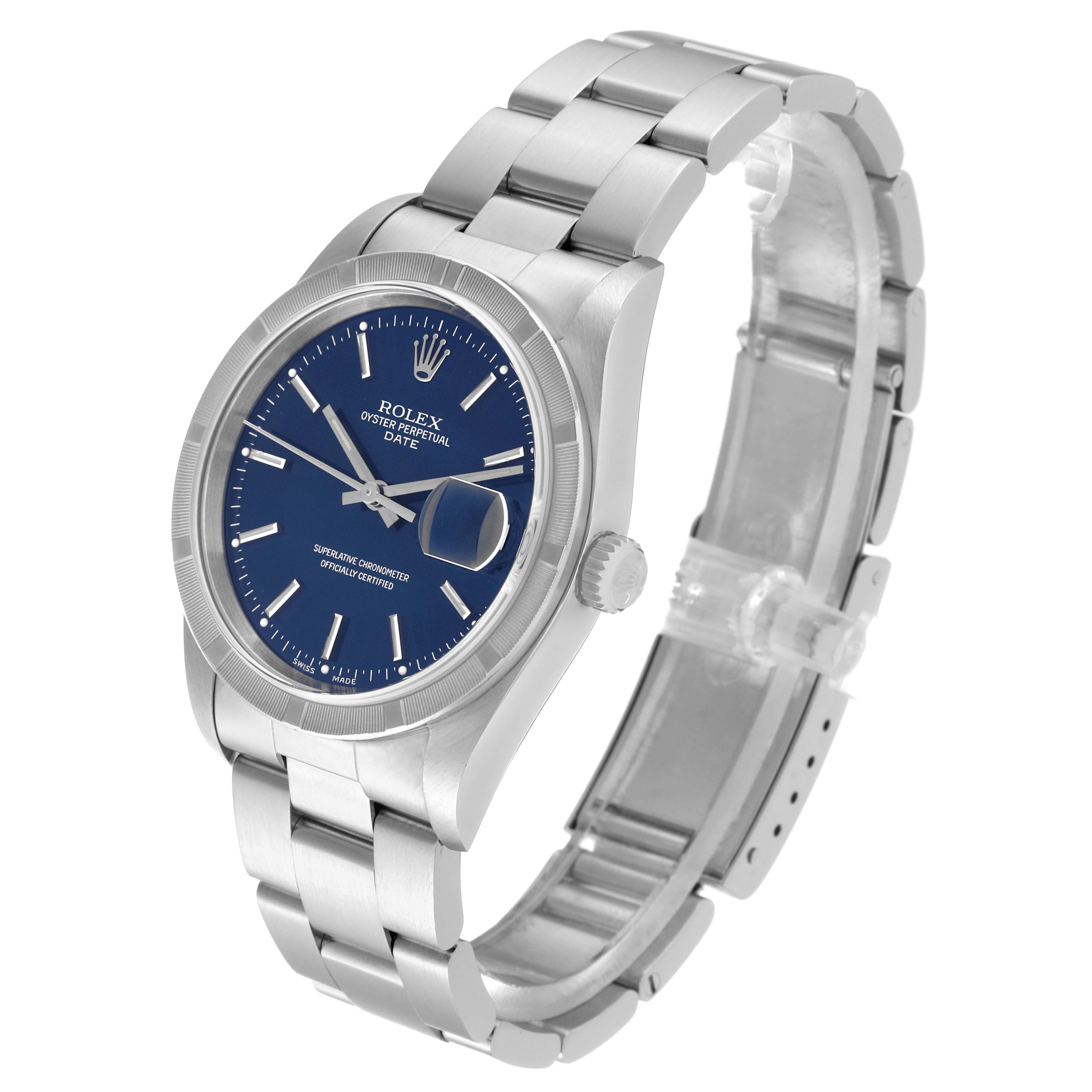 The image shows a Rolex Date 15210 Men's Stainless Steel Blue Dial 15210 Men's Stainless Steel Blue Dial model watch with a blue dial and stainless steel bracelet at a three-quarter angle.