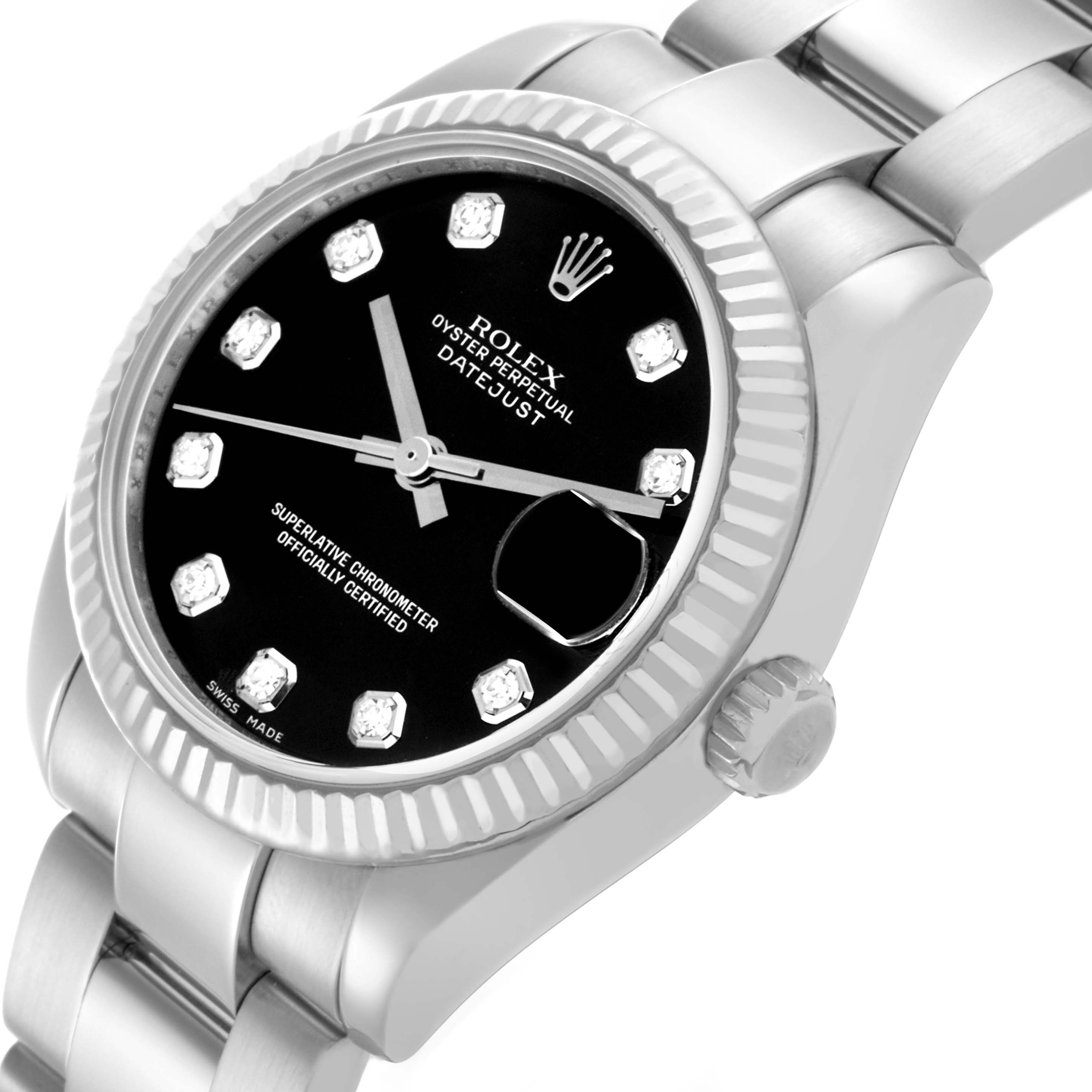 The Rolex Datejust Mid-Size watch is shown at an angled side view, highlighting the bezel, dial, crown, and part of the bracelet.