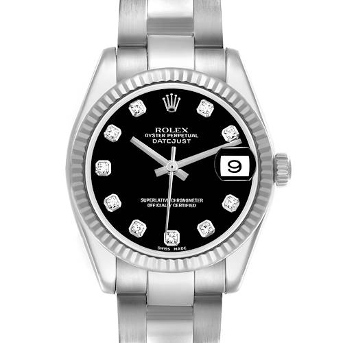 The Rolex Mid-Size Datejust watch is shown from a front angle, highlighting its black dial, diamond markers, and fluted bezel.