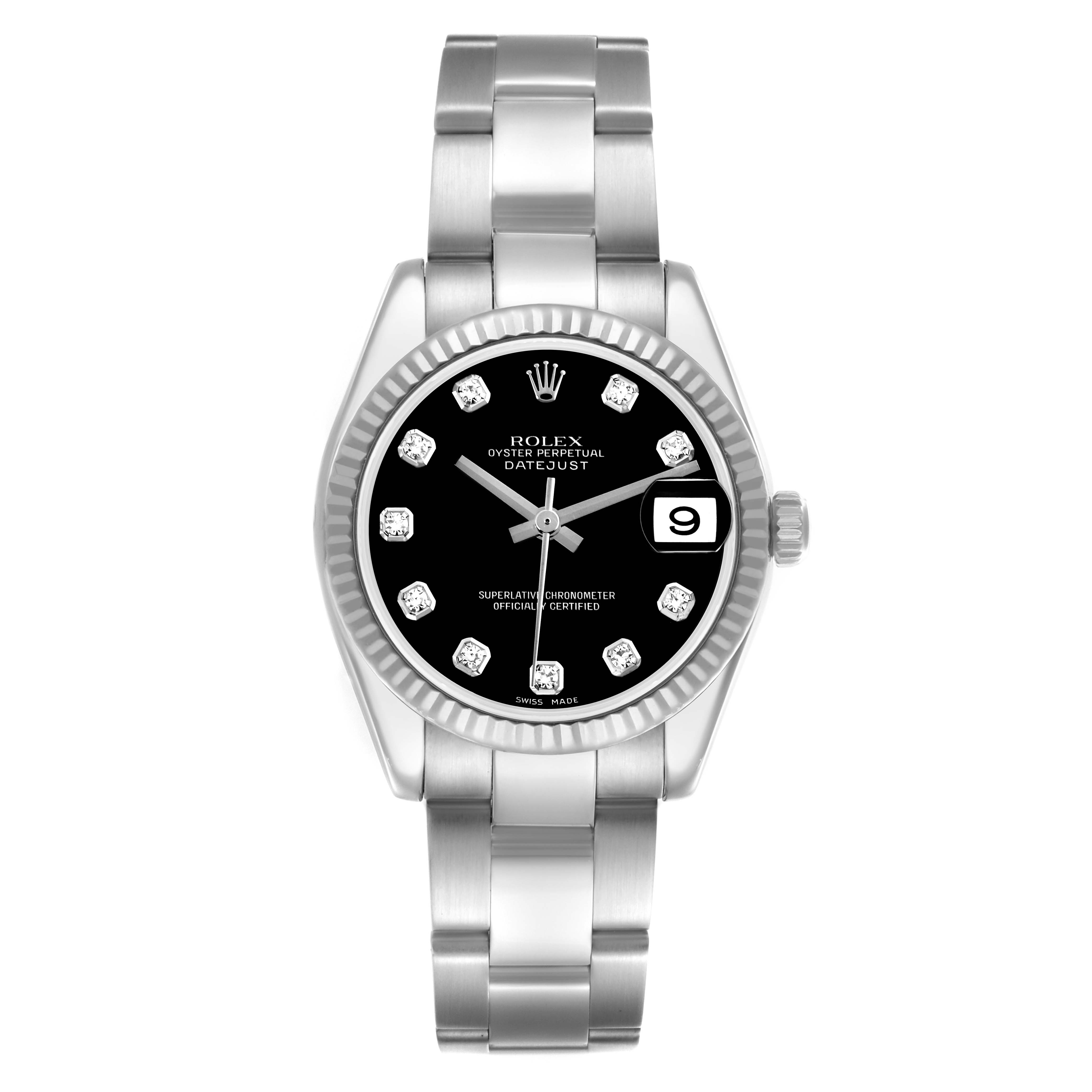 The Rolex Mid-Size 178274 Women's Stainless Steel Black Dial 178274 Women's Stainless Steel Black Dial model is shown from a front angle, displaying its bezel, dial, bracelet, and date window.