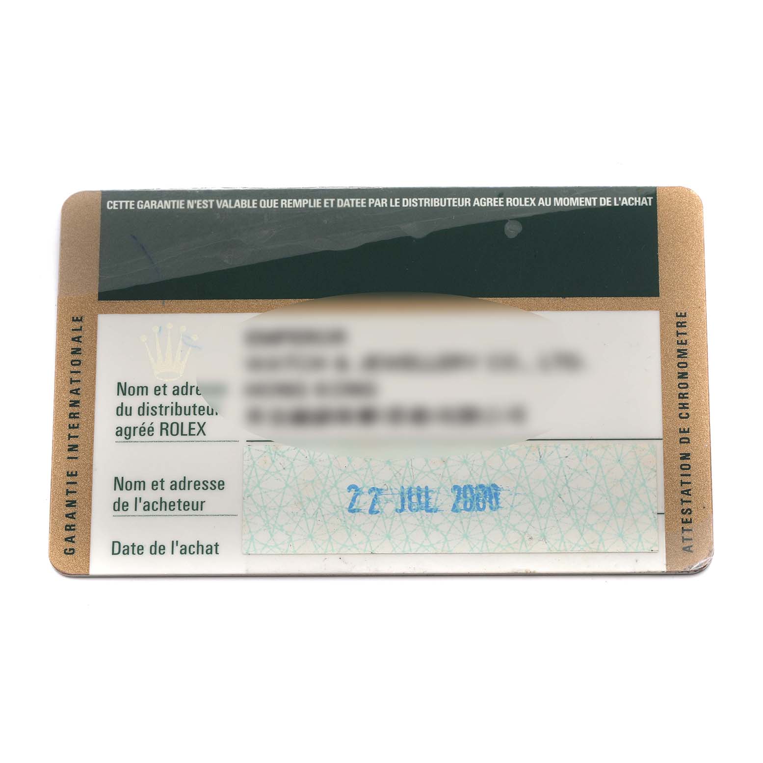 This image shows a warranty card for a Rolex Mid-Size 178274 Women's Stainless Steel Black Dial 178274 Women's Stainless Steel Black Dial model, viewed from above.