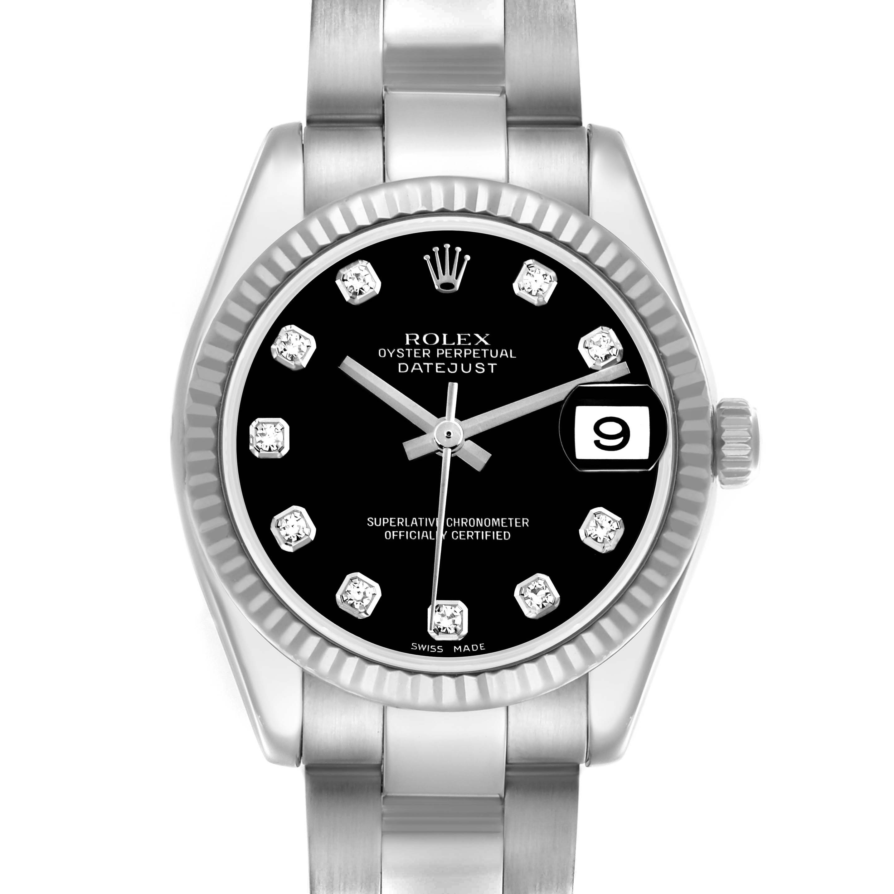This Rolex Mid-Size 178274 Women's Stainless Steel Black Dial 178274 Women's Stainless Steel Black Dial Datejust watch is shown from a top-down angle, featuring a black dial, diamond hour markers, and a fluted bezel.