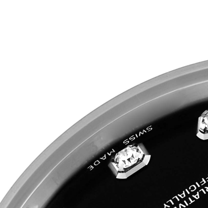 The image shows a close-up of the dial on a Rolex Mid-Size 178274 Women's Stainless Steel Black Dial 178274 Women's Stainless Steel Black Dial watch, highlighting the bezel and diamond markers.
