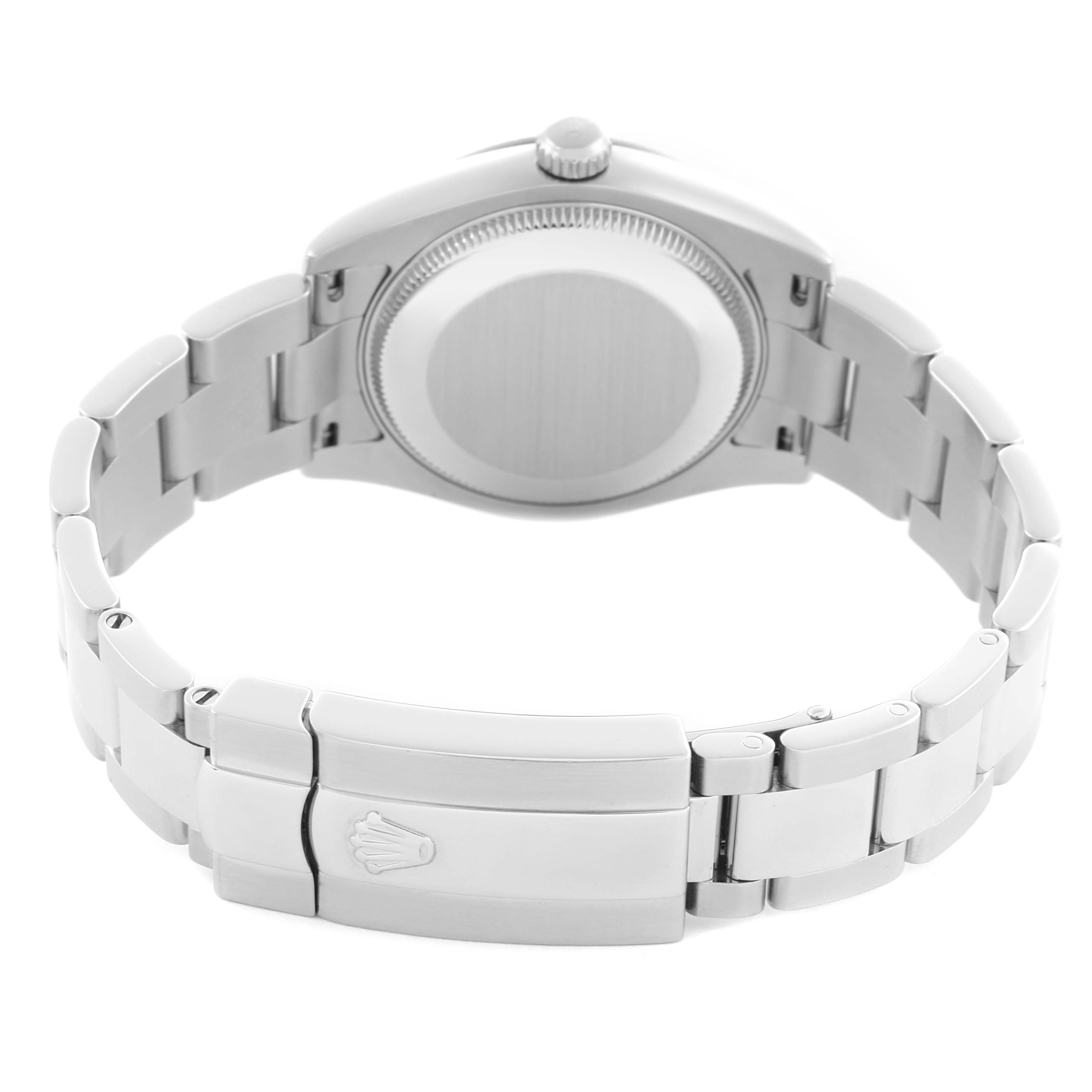 The Rolex Mid-Size 178274 Women's Stainless Steel Black Dial 178274 Women's Stainless Steel Black Dial watch is shown from the back, displaying the clasp, case back, and bracelet links.