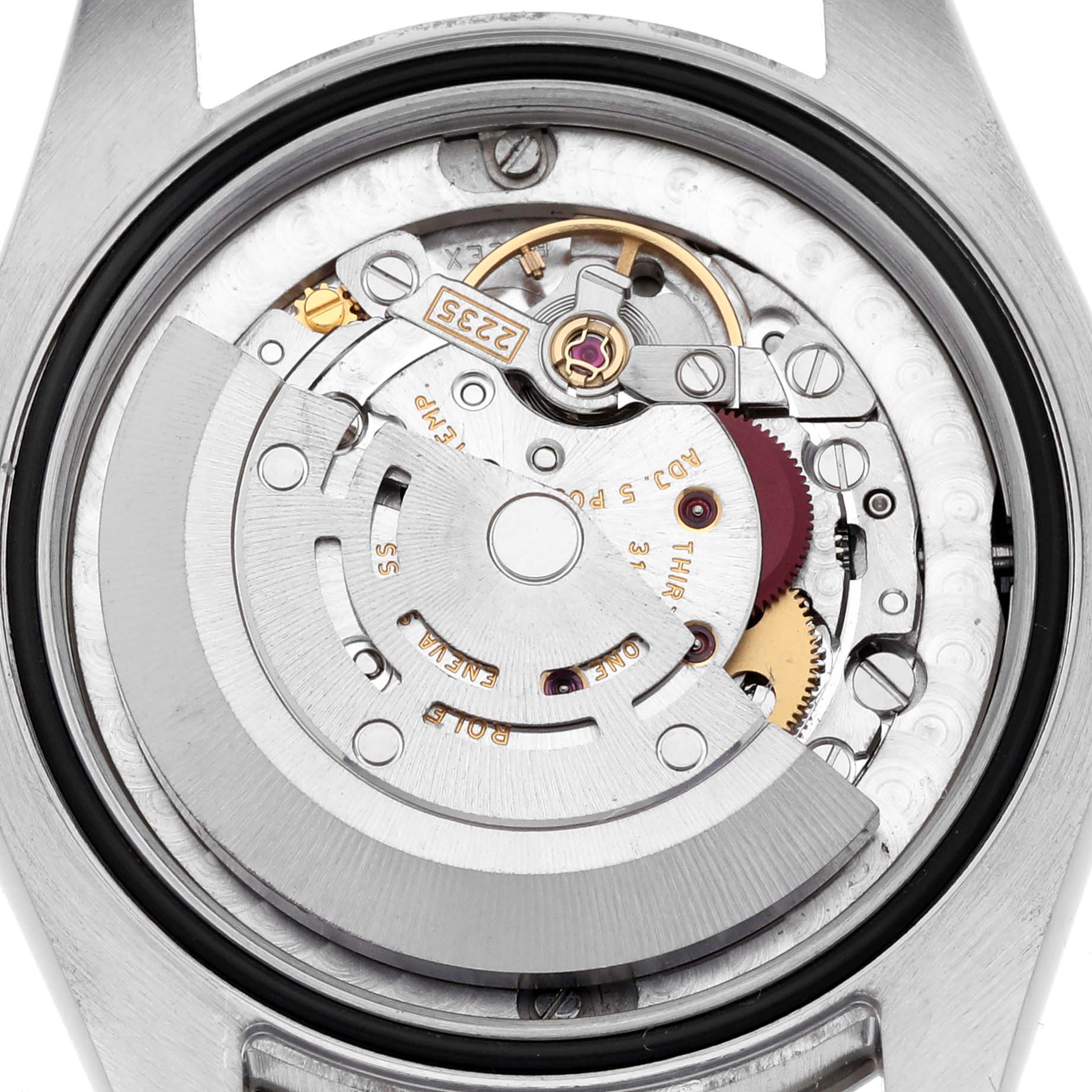 The image shows the back view of a Rolex Mid-Size 178274 Women's Stainless Steel Black Dial 178274 Women's Stainless Steel Black Dial model, focusing on its exposed mechanical movement.