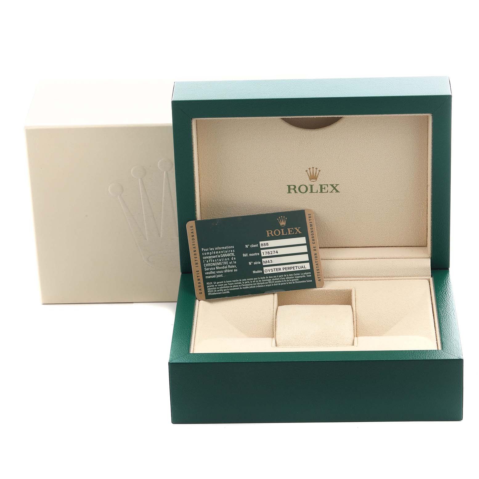The image shows a Rolex Mid-Size 178274 Women's Stainless Steel Black Dial 178274 Women's Stainless Steel Black Dial watch box and warranty card at a frontal angle.