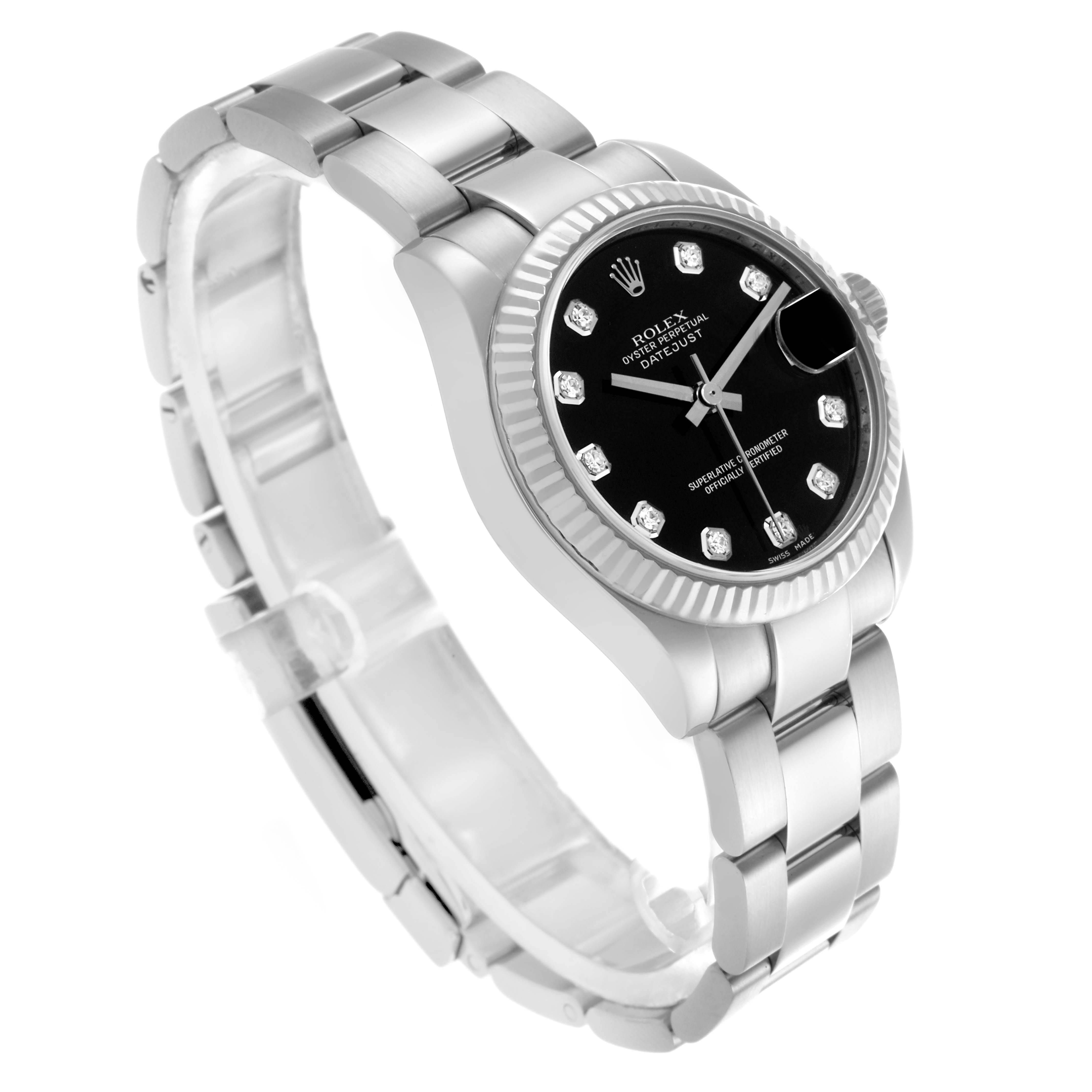 The Rolex Datejust Mid-Size is shown at a three-quarter angle, highlighting the bezel, dial, and bracelet.
