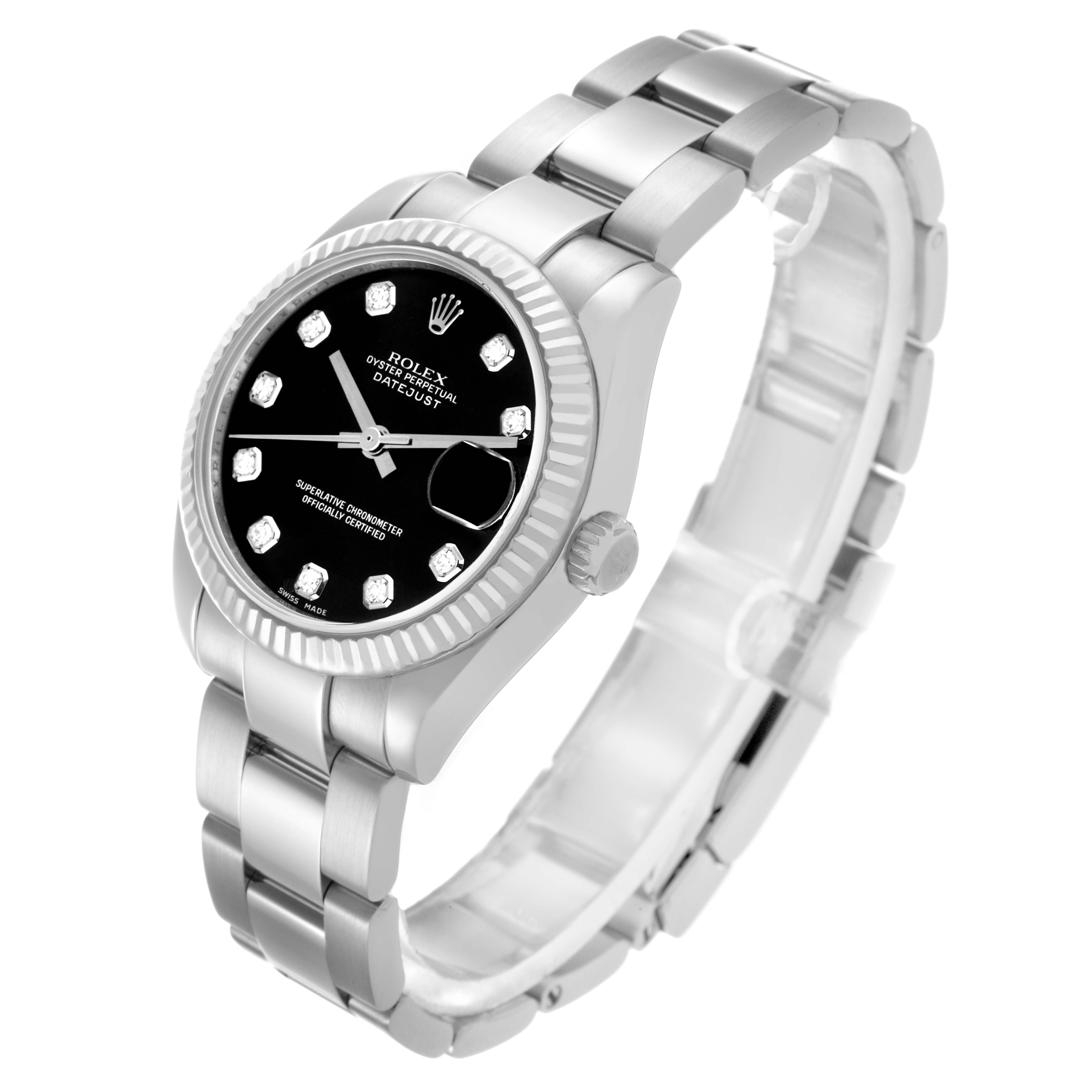 The Rolex Mid-Size 178274 Women's Stainless Steel Black Dial 178274 Women's Stainless Steel Black Dial watch is shown at a slight angle, displaying the black dial, fluted bezel, case, and full bracelet.