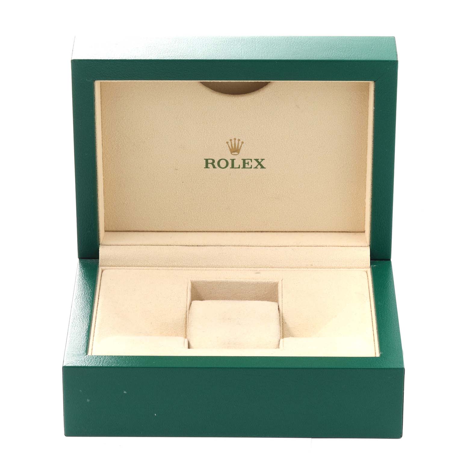This image shows an open green and beige Rolex watch box for the Datejust model.