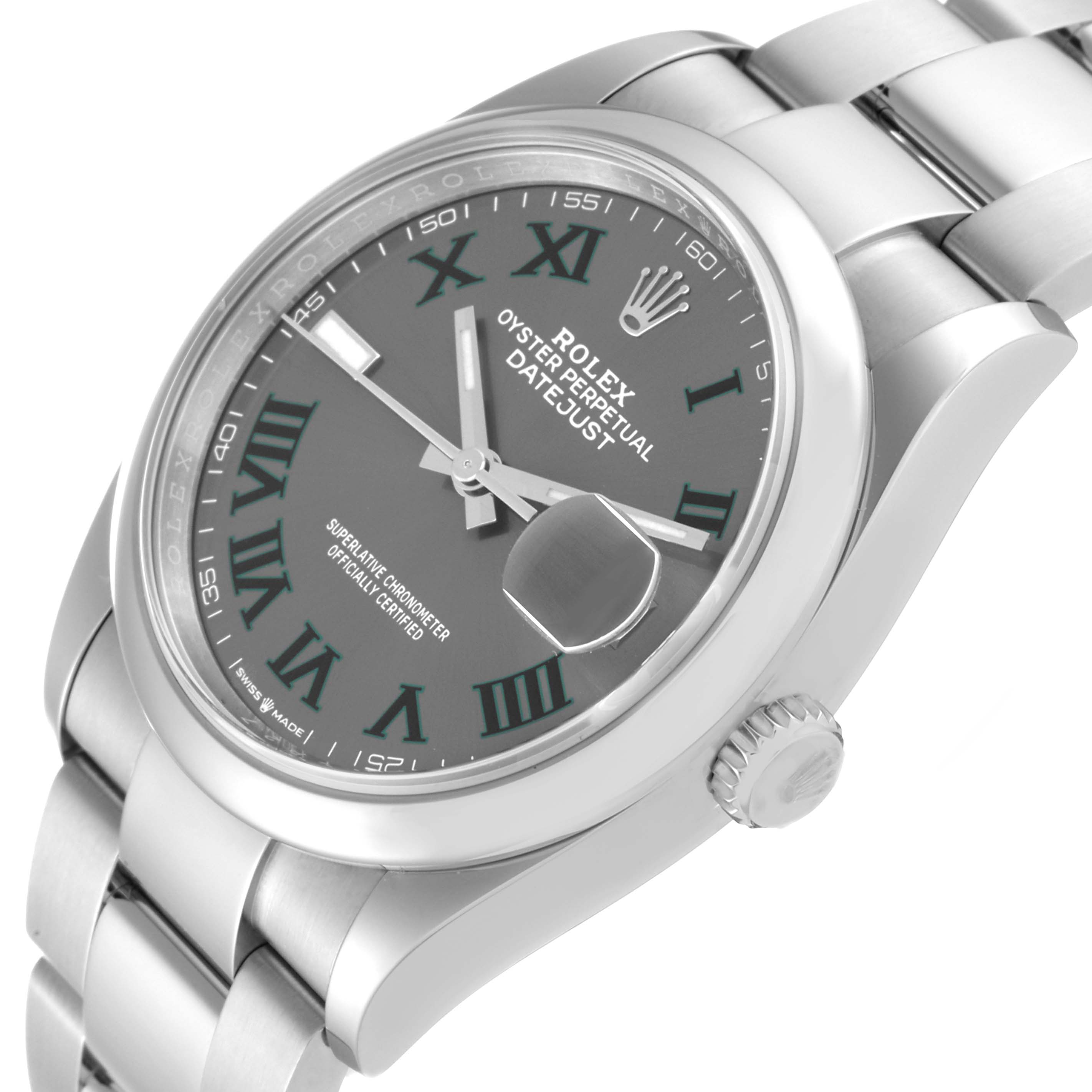 This image shows a Rolex Datejust 126200 Men's Stainless Steel Grey Dial 126200 Men's Stainless Steel Grey Dial watch at an angled close-up, highlighting the dial, bezel, crown, and part of the bracelet.
