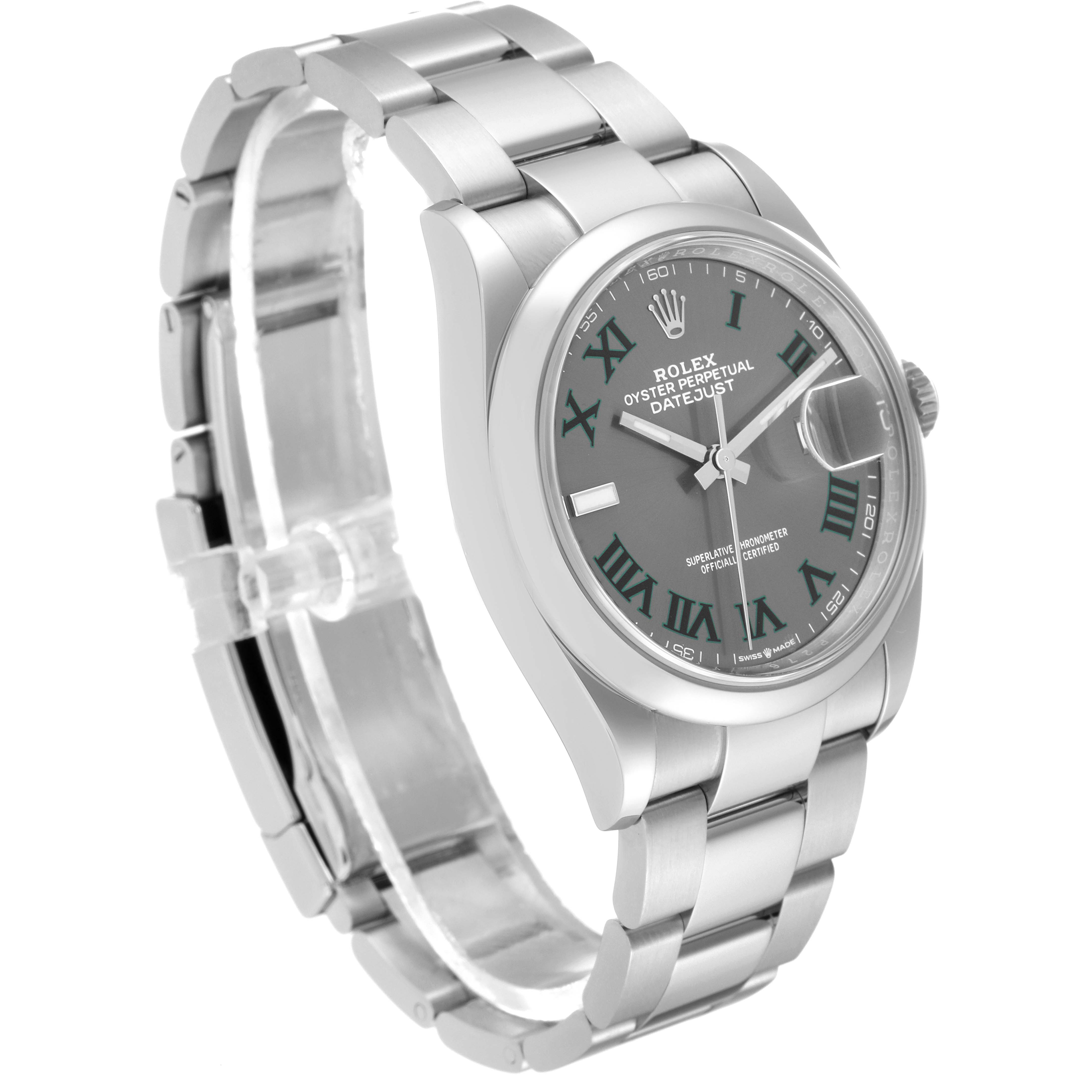 The Rolex Datejust 126200 Men's Stainless Steel Grey Dial 126200 Men's Stainless Steel Grey Dial watch is shown at an oblique angle, highlighting its stainless steel bracelet and grey dial with Roman numerals.