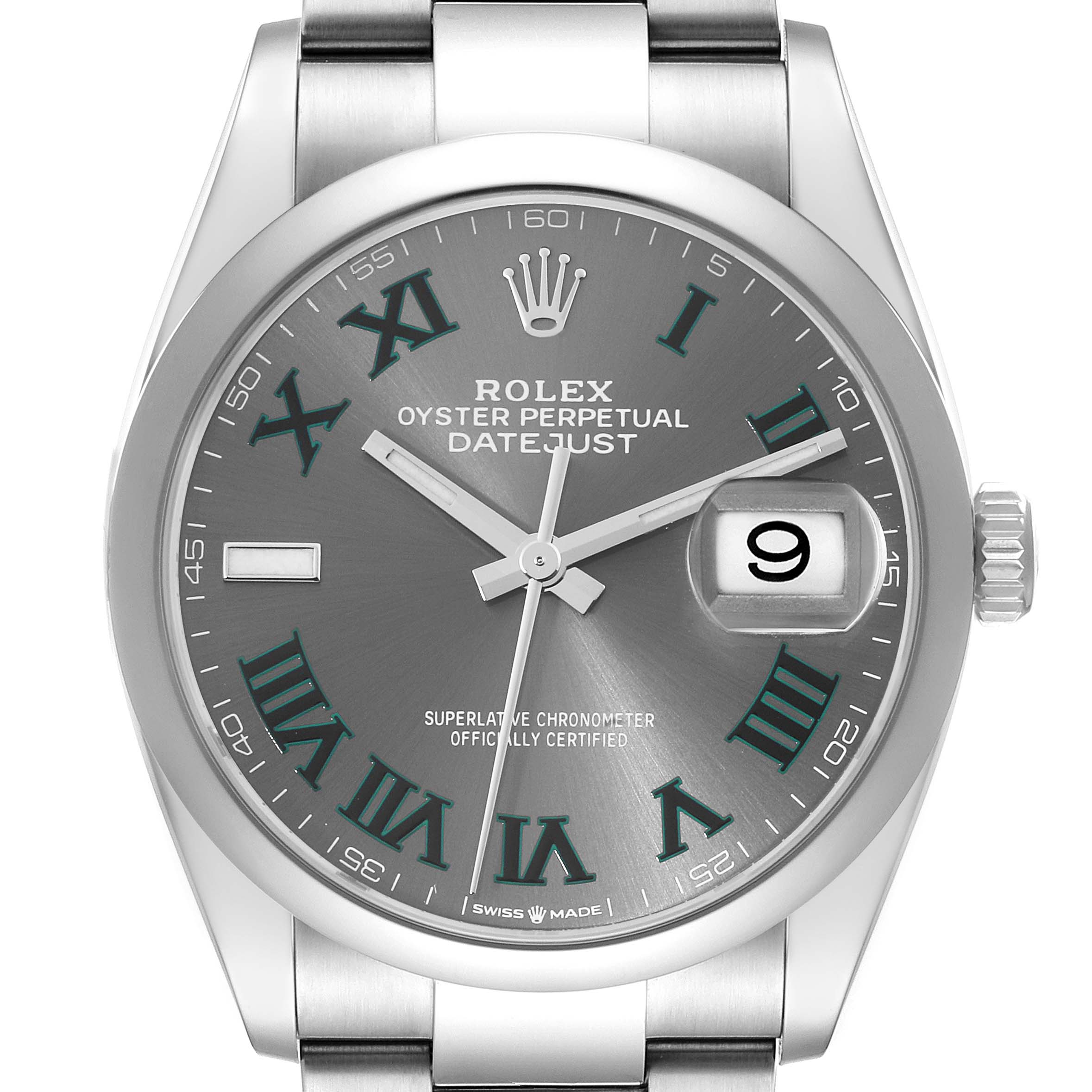 This image shows a close-up of the Rolex Datejust 126200 Men's Stainless Steel Grey Dial 126200 Men's Stainless Steel Grey Dial watch face and part of the stainless steel bracelet.
