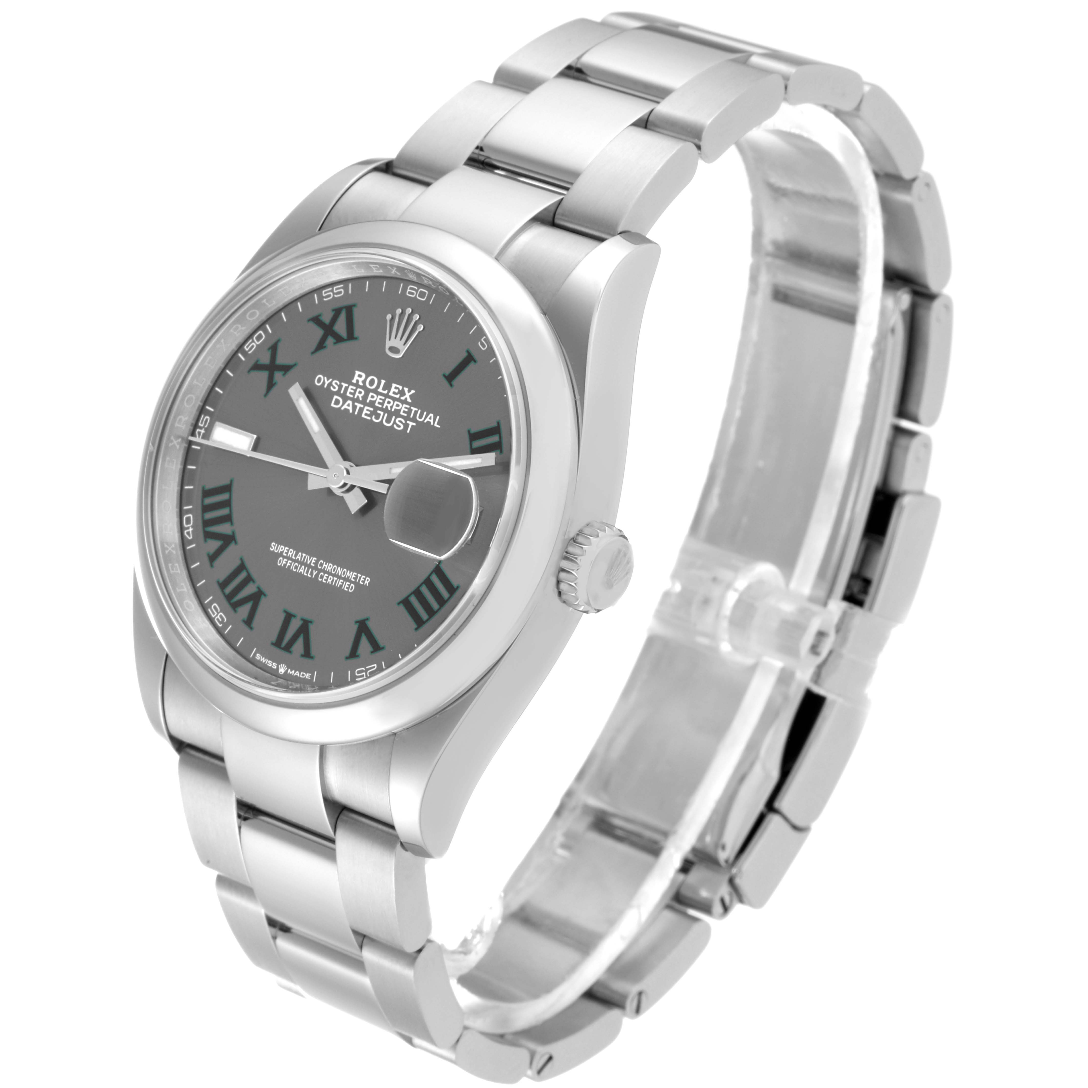 This image shows a side-angle view of a Rolex Datejust 126200 Men's Stainless Steel Grey Dial 126200 Men's Stainless Steel Grey Dial watch, highlighting its dial, bezel, crown, and bracelet.