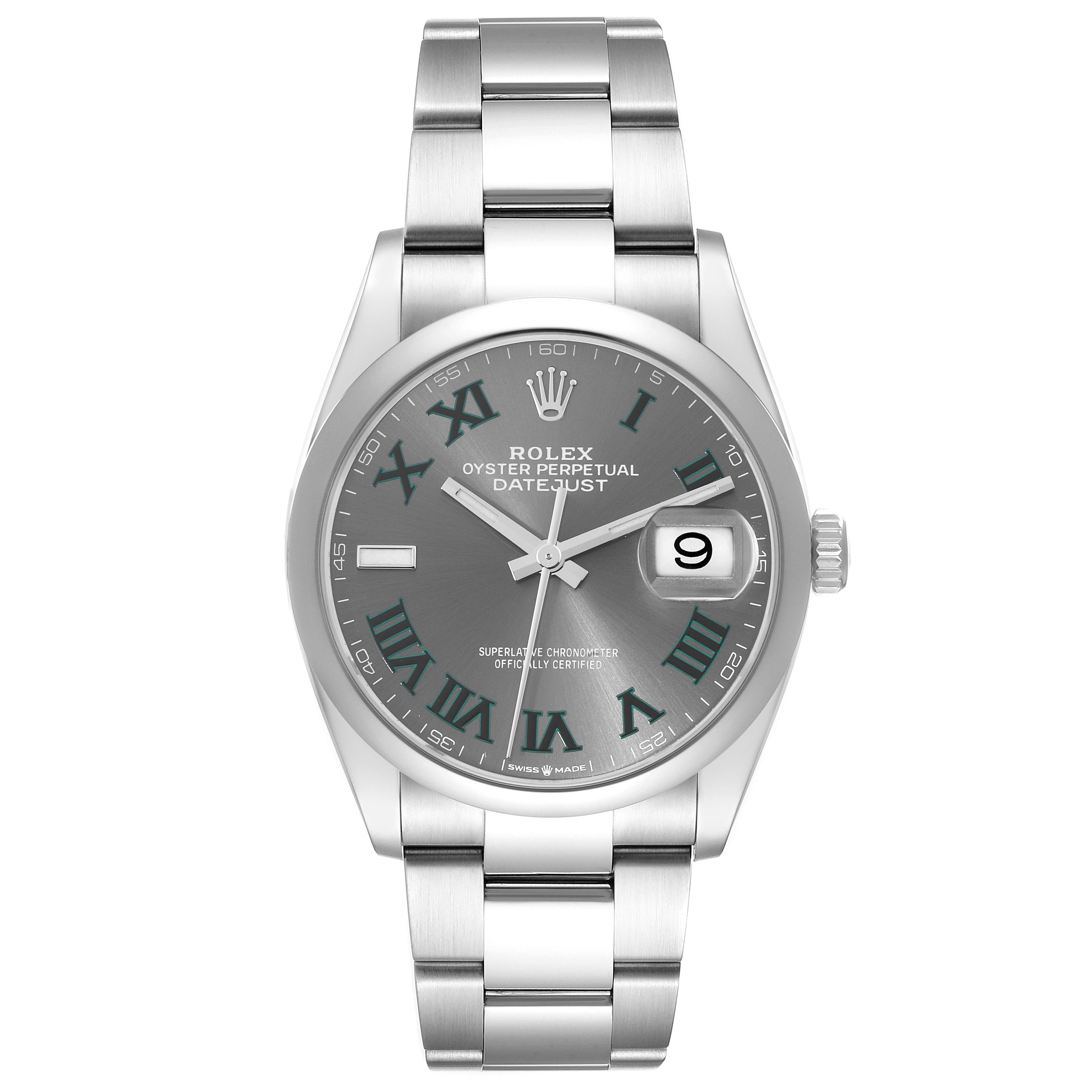 This image shows a front-on view of the Rolex Datejust 126200 Men's Stainless Steel Grey Dial 126200 Men's Stainless Steel Grey Dial watch with its face, bezel, and bracelet clearly visible.