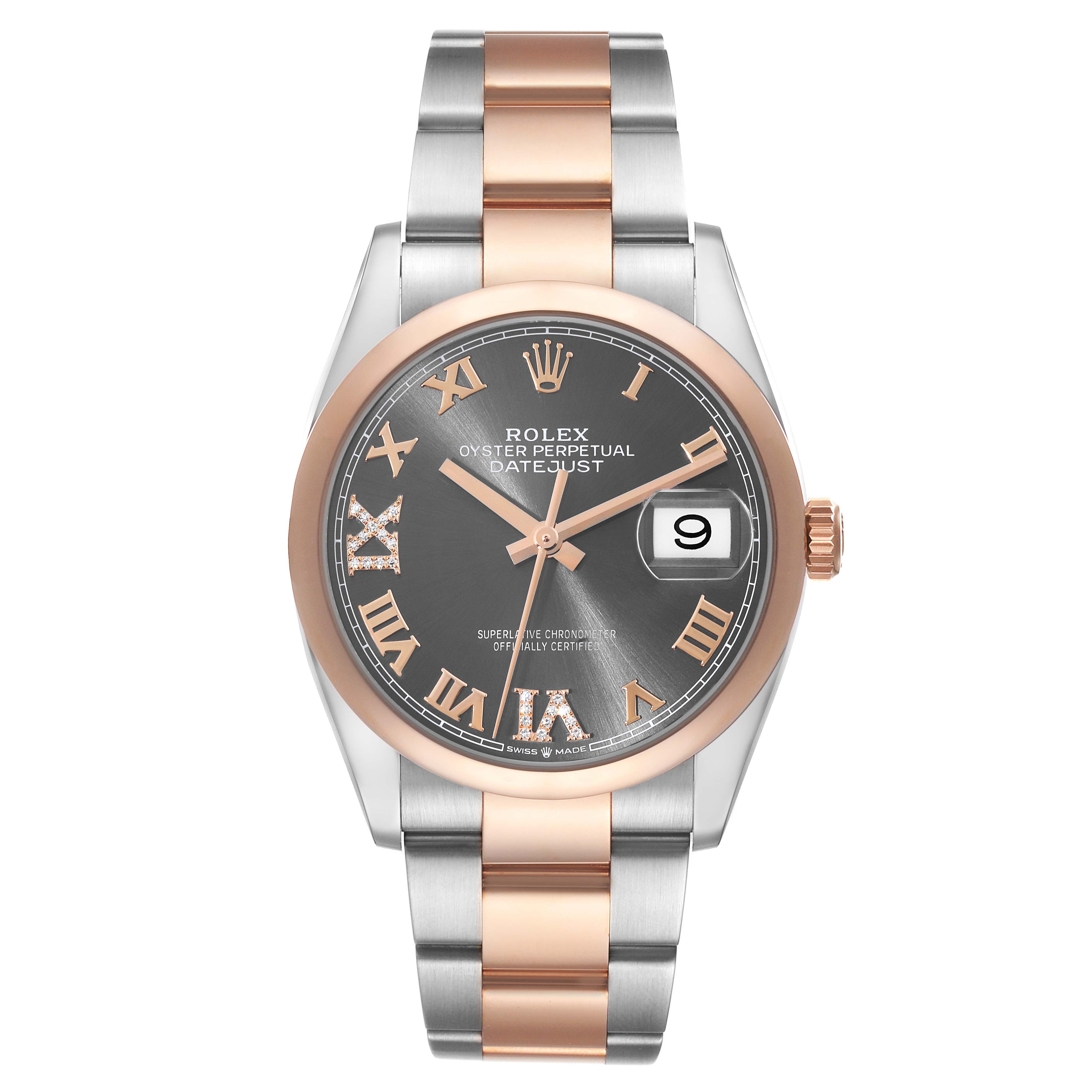 This image shows a frontal view of a Rolex Datejust 126201 Men's Steel and Gold (two tone) Grey Dial 126201 Men's Steel and Gold (two tone) Grey Dial watch, highlighting its dial, bezel, bracelet, and date window.