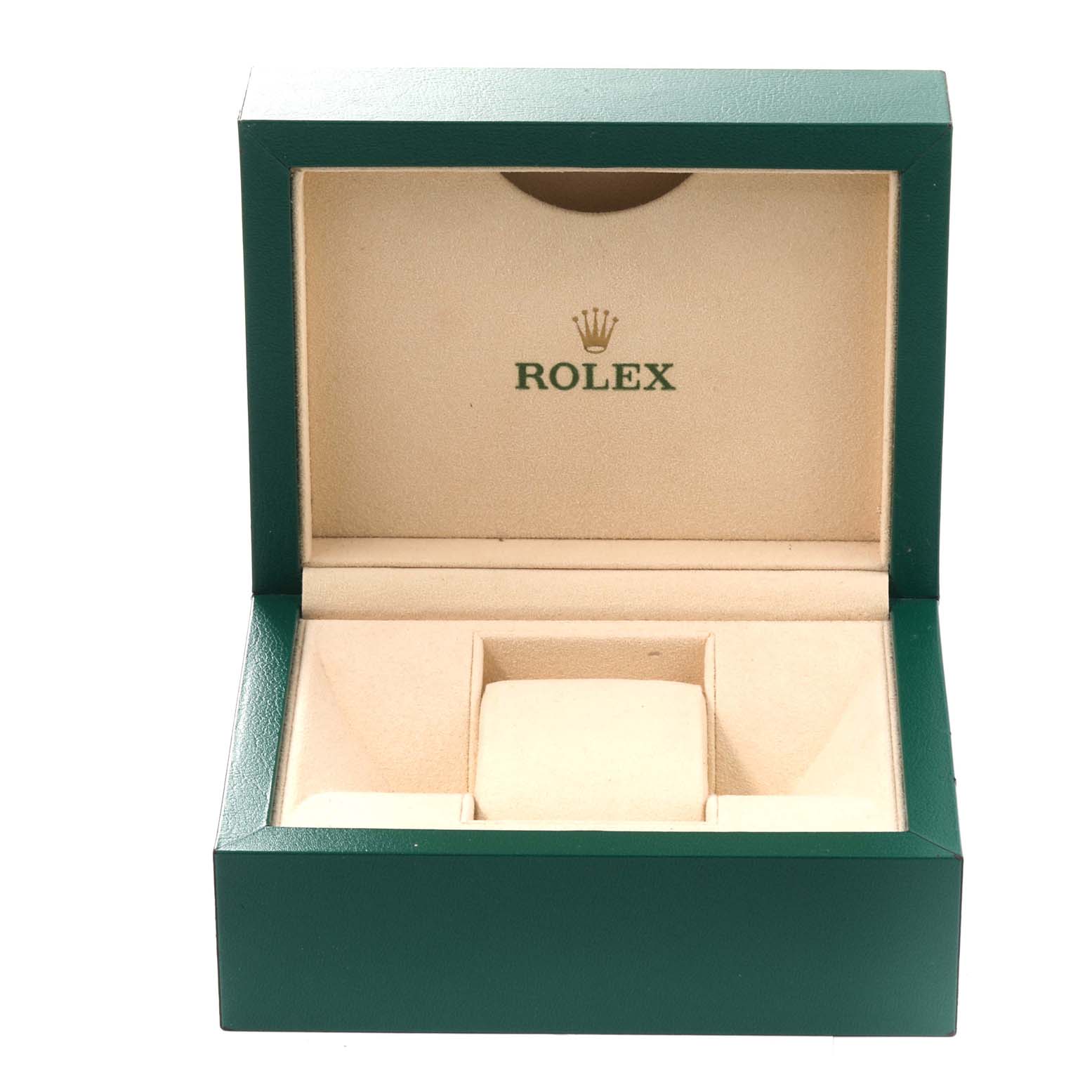 The image shows an open Rolex Datejust 126201 Men's Steel and Gold (two tone) Grey Dial 126201 Men's Steel and Gold (two tone) Grey Dial watch box in green and beige with the Rolex logo inside the lid.
