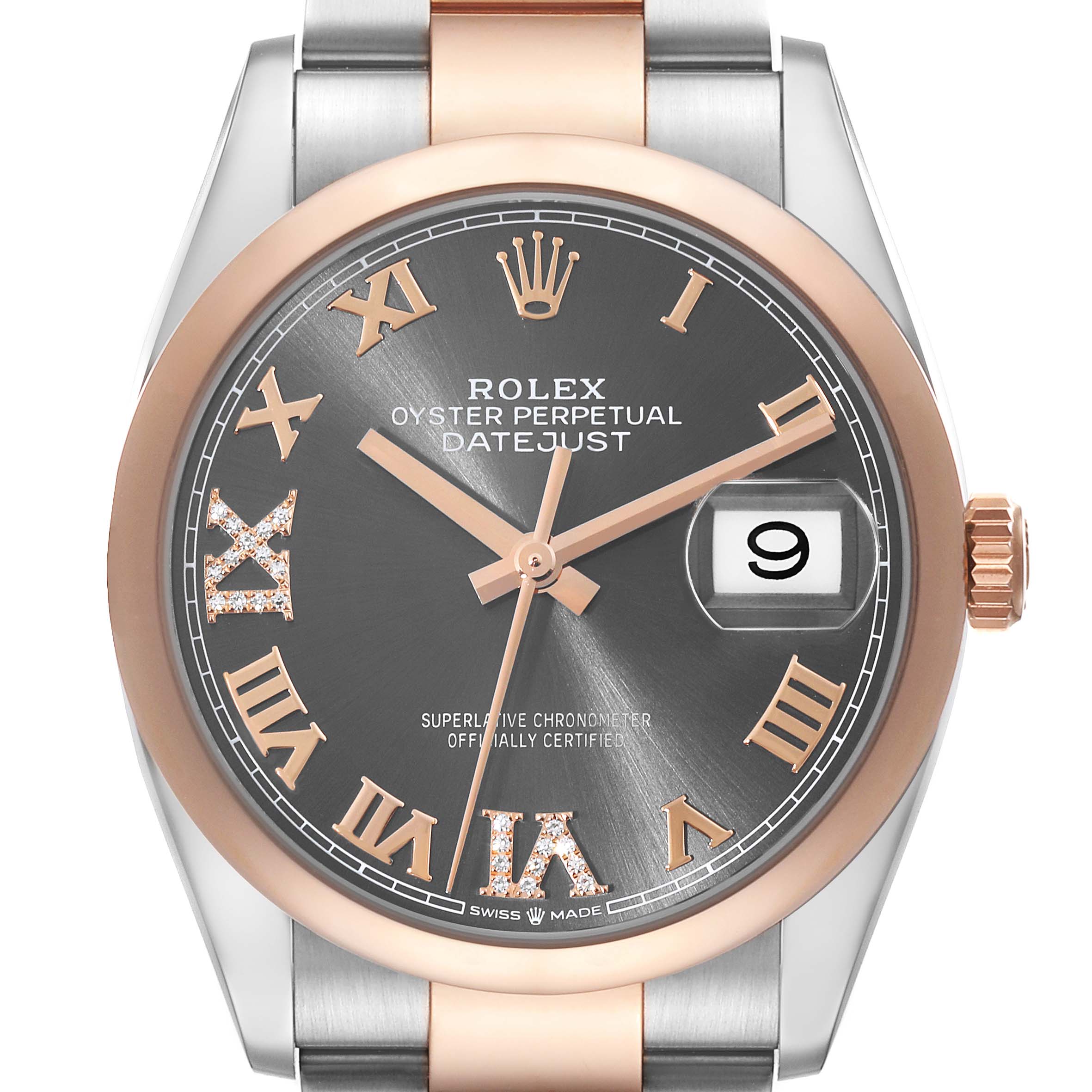 This is a front view of a Rolex Datejust 126201 Men's Steel and Gold (two tone) Grey Dial 126201 Men's Steel and Gold (two tone) Grey Dial watch featuring a grey dial, Roman numeral markers, and a date display at 3 o'clock.