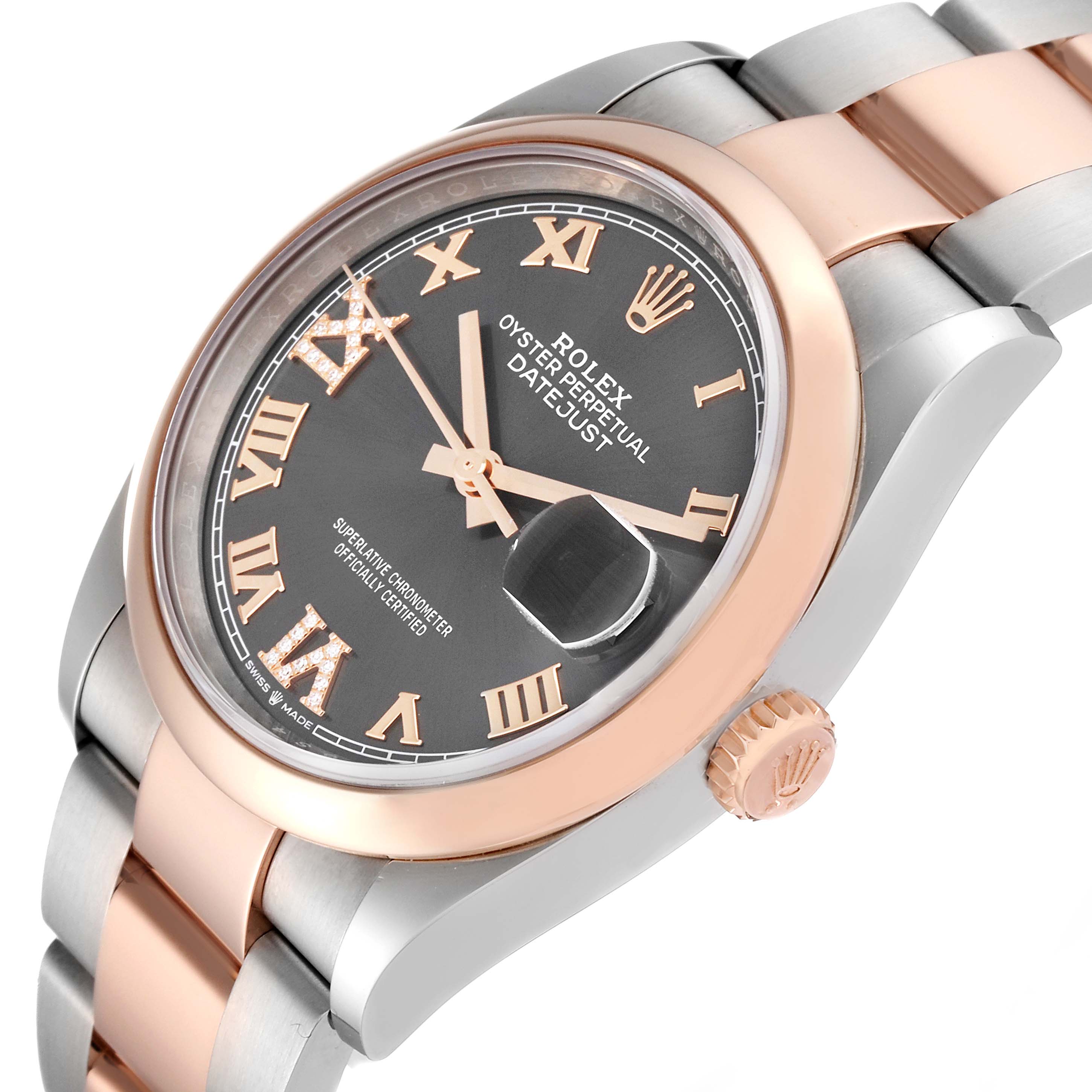 The image shows a Rolex Datejust 126201 Men's Steel and Gold (two tone) Grey Dial 126201 Men's Steel and Gold (two tone) Grey Dial watch at an angled view, highlighting its face, bezel, crown, and part of its bracelet.