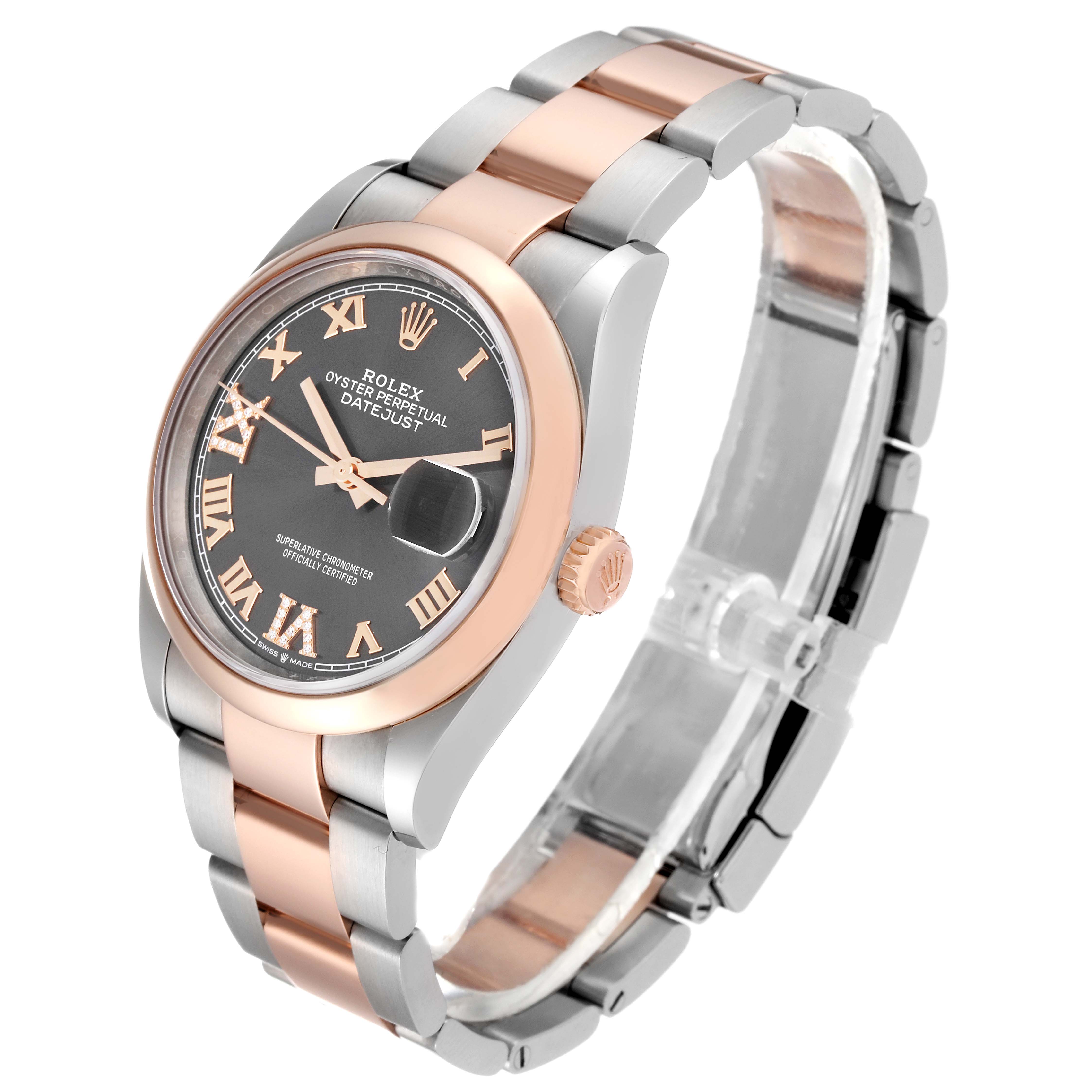 This image shows a side angle of a Rolex Datejust 126201 Men's Steel and Gold (two tone) Grey Dial 126201 Men's Steel and Gold (two tone) Grey Dial watch, highlighting its rose gold and silver bracelet, bezel, and dark dial.