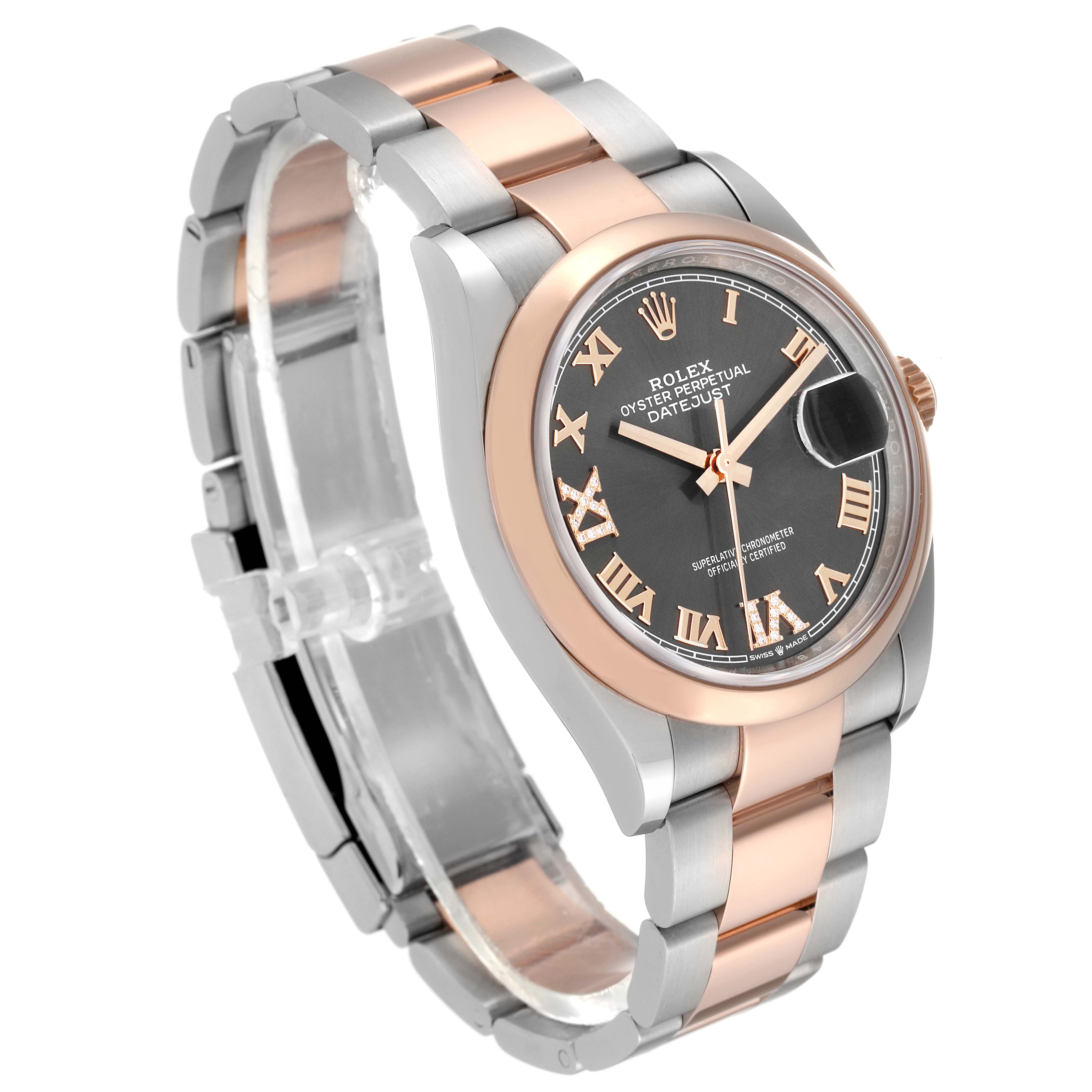 The image shows a Rolex Datejust 126201 Men's Steel and Gold (two tone) Grey Dial 126201 Men's Steel and Gold (two tone) Grey Dial watch at a three-quarter angle, highlighting its rose gold and stainless steel bracelet and black dial with Roman numerals.