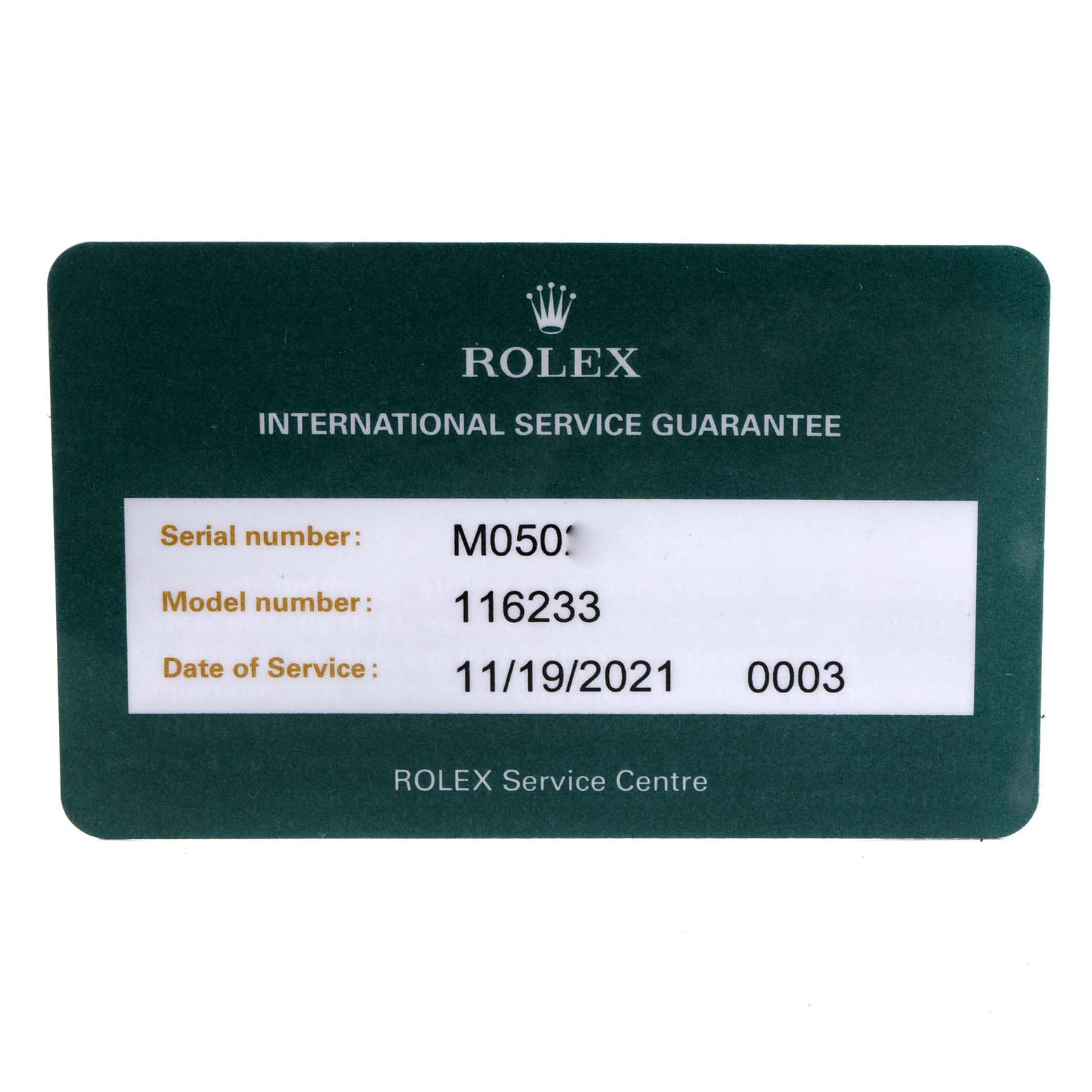 This image shows an international service guarantee card for a Rolex Datejust 116233 Men's Steel and Gold (two tone) Champagne Dial 116233 Men's Steel and Gold (two tone) Champagne Dial model 116233.