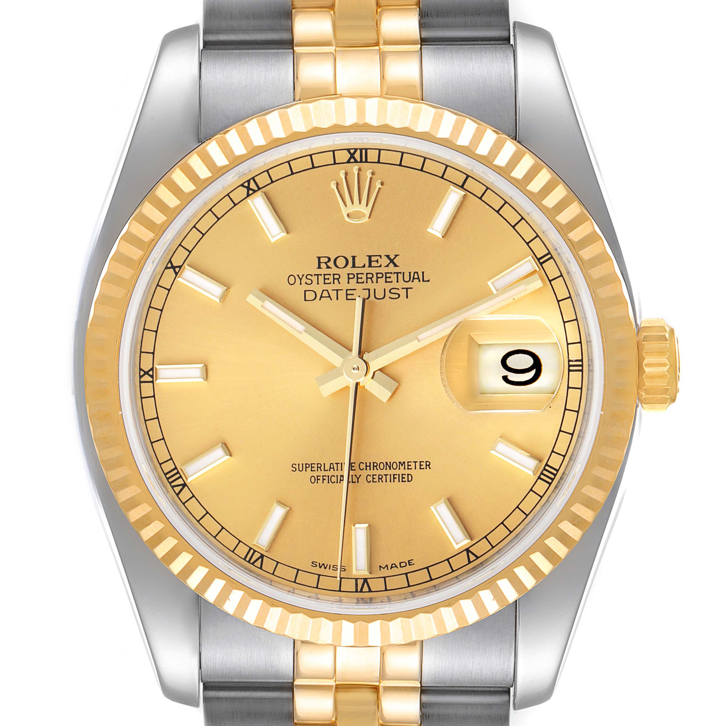 This is a close-up view of a Rolex Datejust 116233 Men's Steel and Gold (two tone) Champagne Dial 116233 Men's Steel and Gold (two tone) Champagne Dial watch, showing the dial, fluted bezel, and part of the bracelet.