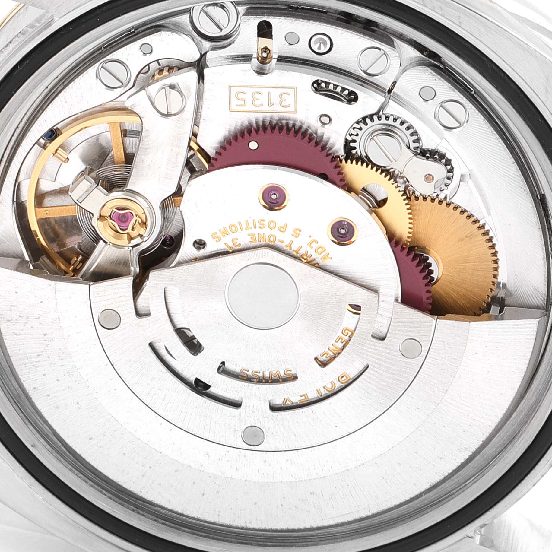The image shows an angled close-up of the Rolex Datejust 116233 Men's Steel and Gold (two tone) Champagne Dial 116233 Men's Steel and Gold (two tone) Champagne Dial watch movement, highlighting gears and the escapement mechanism.