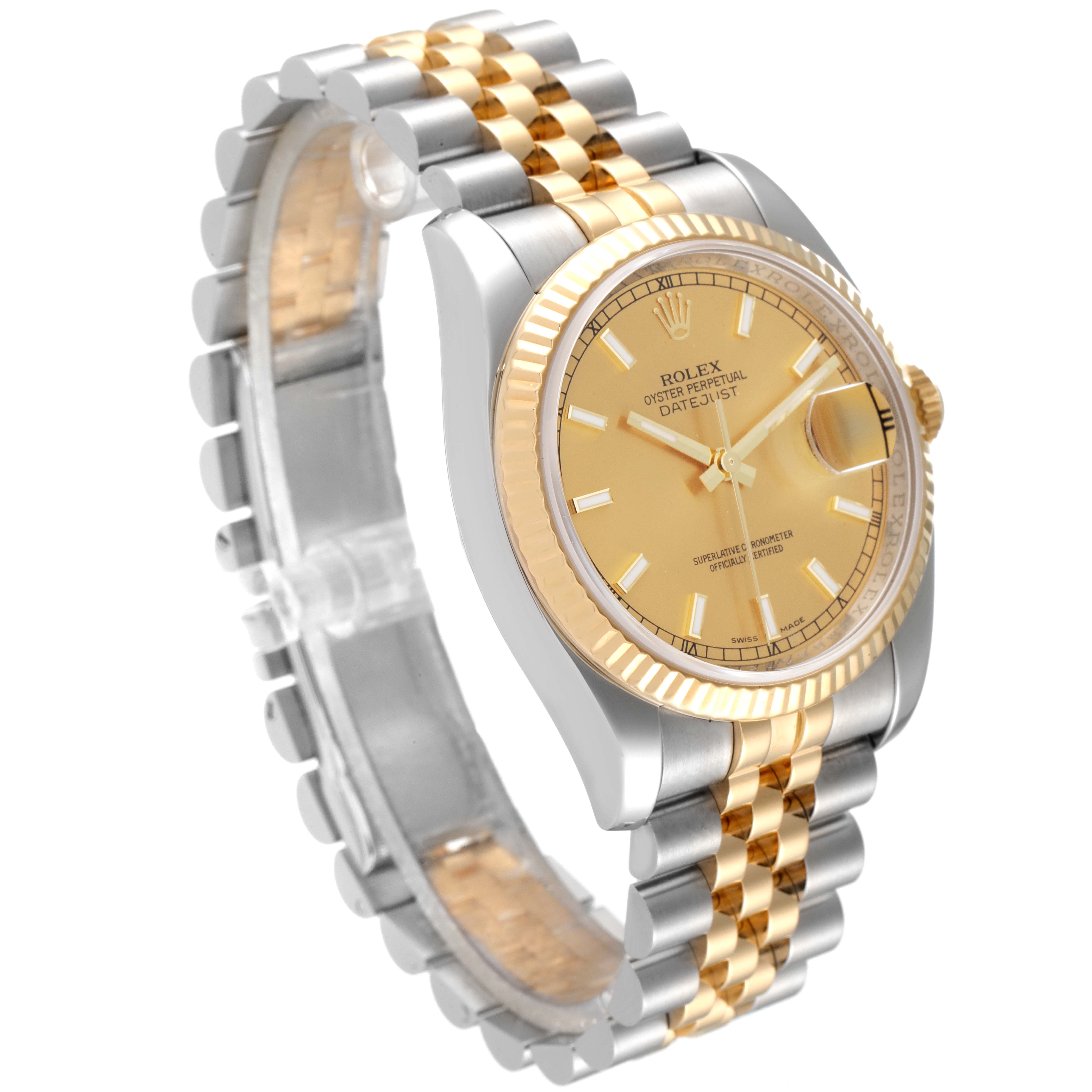 The image shows a gold and silver Rolex Datejust 116233 Men's Steel and Gold (two tone) Champagne Dial 116233 Men's Steel and Gold (two tone) Champagne Dial watch at a three-quarter angle highlighting the face, bezel, and bracelet.