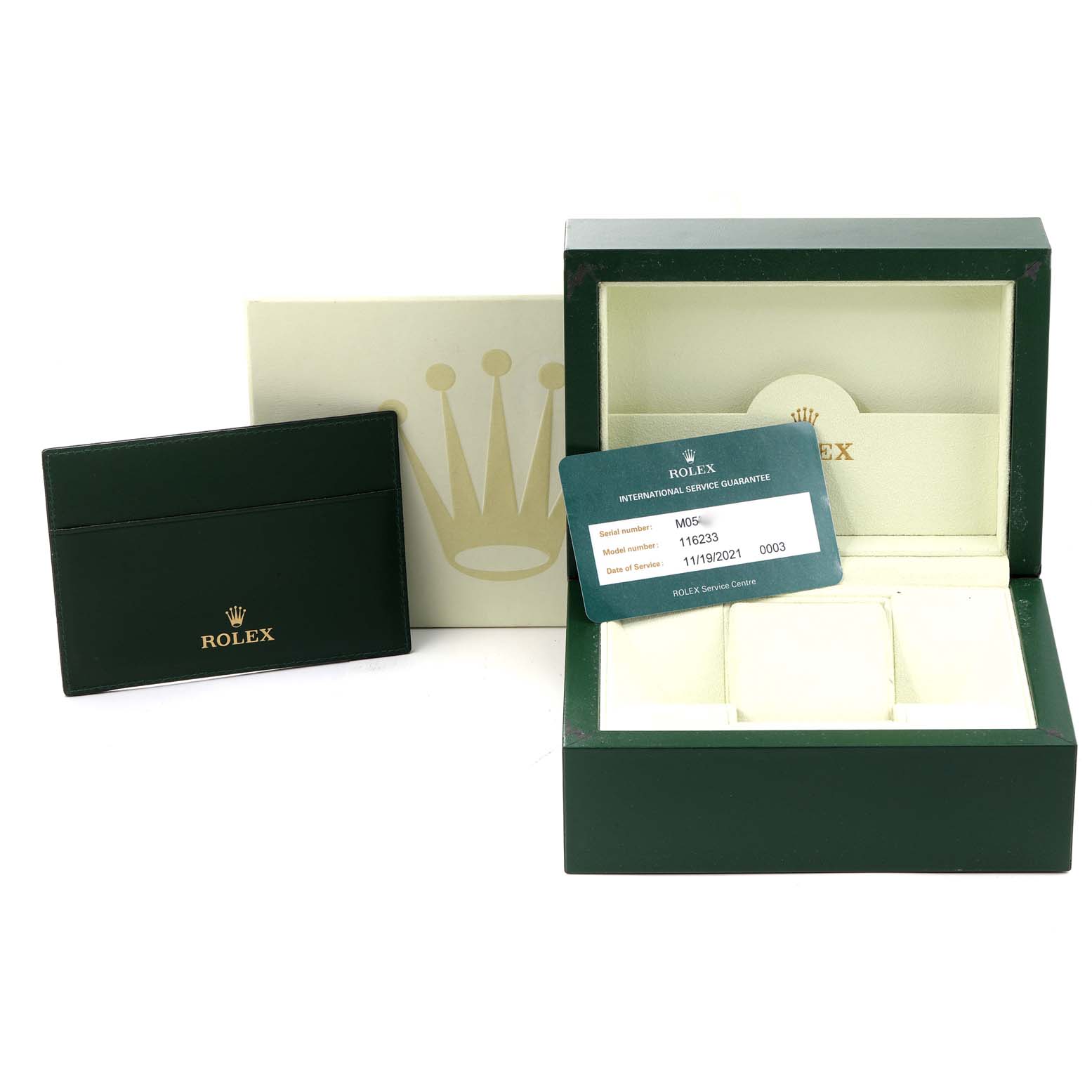 The image shows a Rolex Datejust 116233 Men's Steel and Gold (two tone) Champagne Dial 116233 Men's Steel and Gold (two tone) Champagne Dial watch box, cardholder, warranty card, and packaging from the front angle.