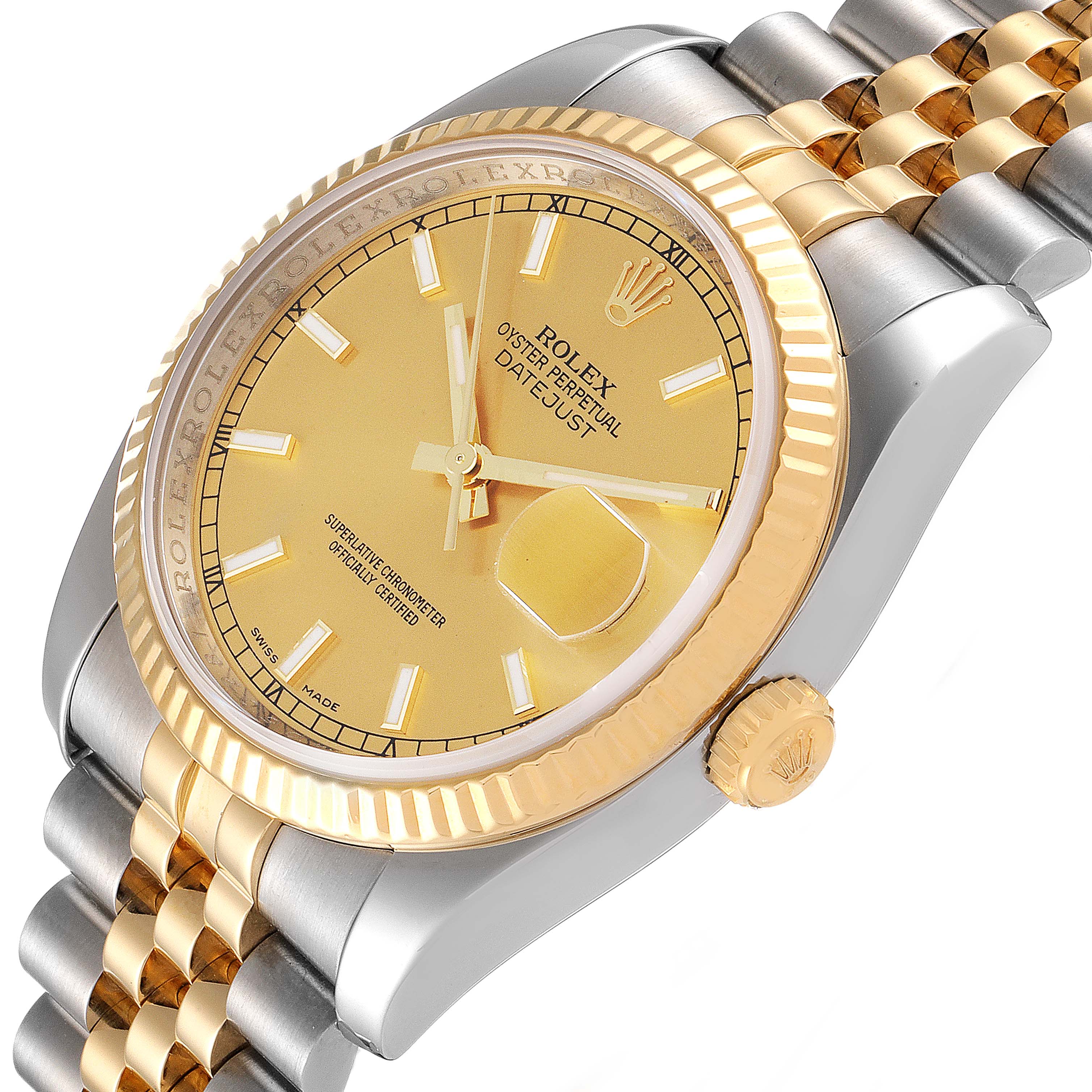 This image shows a close-up, angled view of the face, bezel, and partial bracelet of the Rolex Datejust 116233 Men's Steel and Gold (two tone) Champagne Dial 116233 Men's Steel and Gold (two tone) Champagne Dial watch.