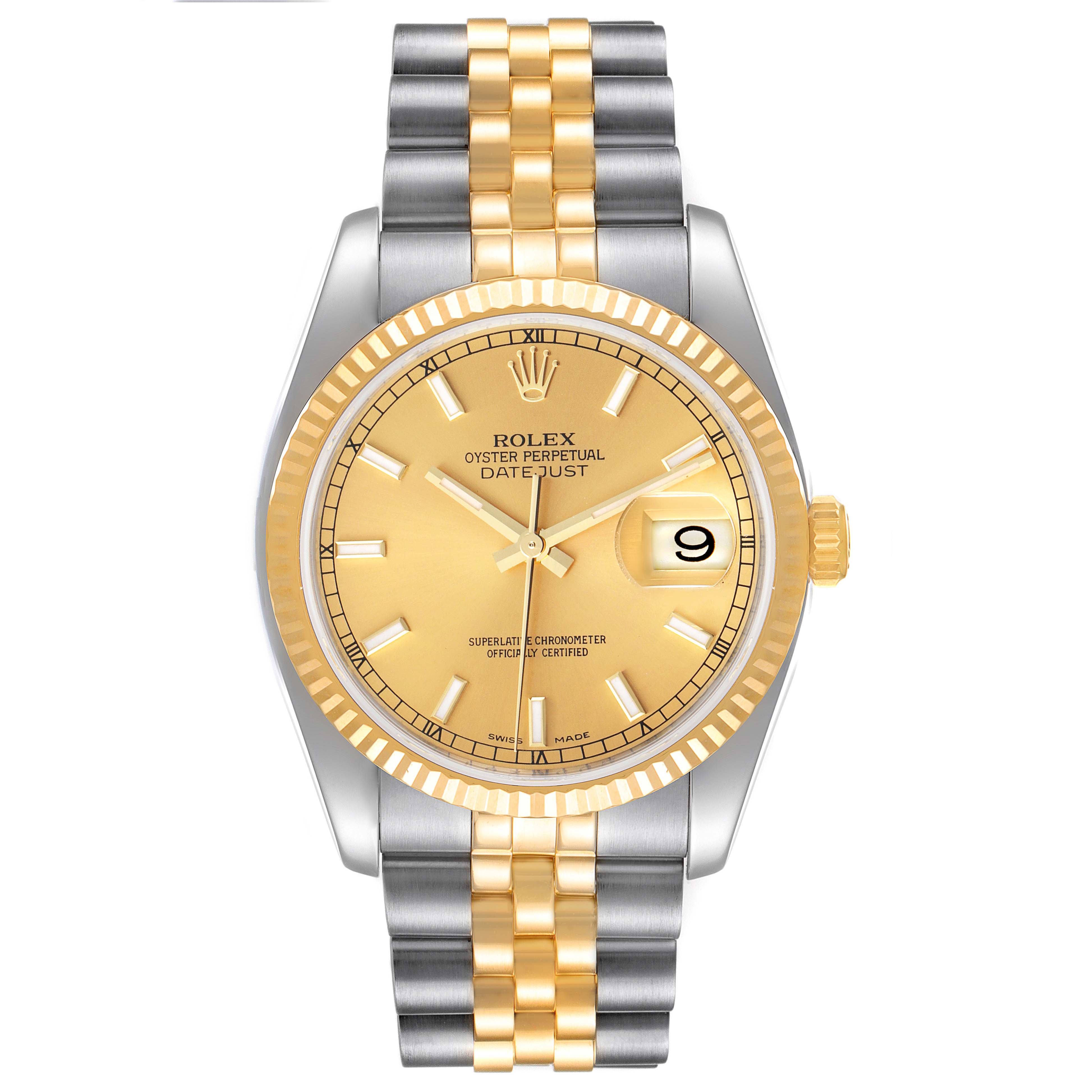This image features a Rolex Datejust 116233 Men's Steel and Gold (two tone) Champagne Dial 116233 Men's Steel and Gold (two tone) Champagne Dial watch shown from a front perspective, displaying its dial, bezel, and two-tone bracelet.