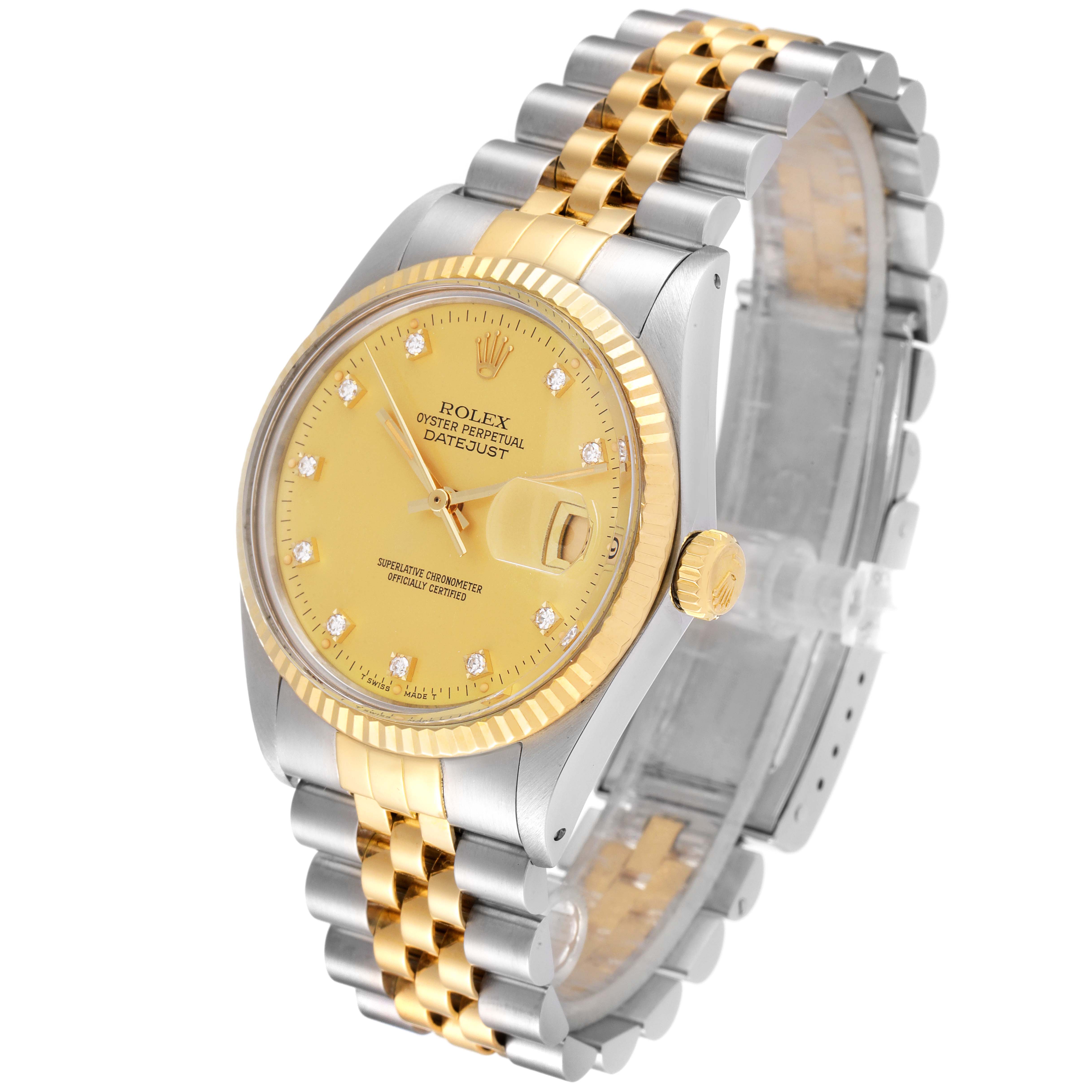 Image shows a Rolex Vintage Collection 16013 Men's Steel and Gold (two tone) Champagne Dial 16013 Men's Steel and Gold (two tone) Champagne Dial Oyster Perpetual Datejust watch at a slight angle, displaying the face, dial, and two-tone bracelet.