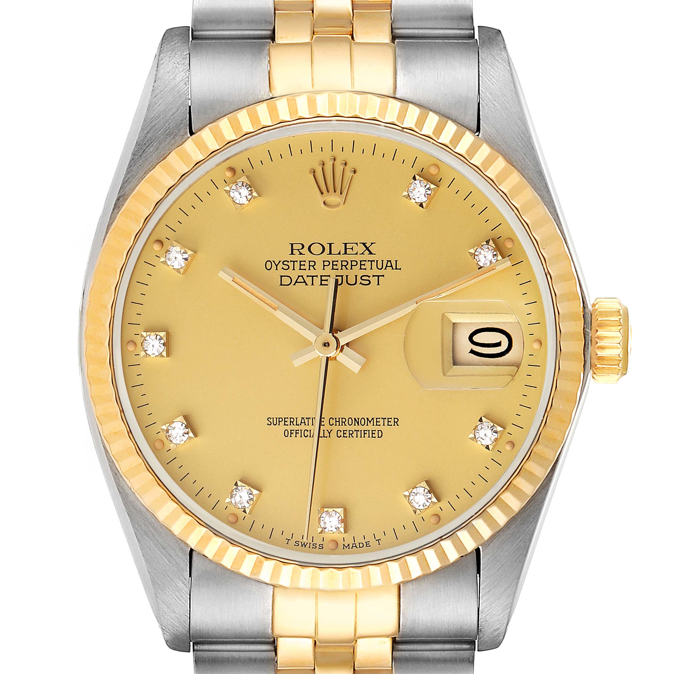 The image shows a front view of the Rolex Vintage Collection 16013 Men's Steel and Gold (two tone) Champagne Dial 16013 Men's Steel and Gold (two tone) Champagne Dial Oyster Perpetual Datejust, highlighting its dial, bezel, and bracelet.